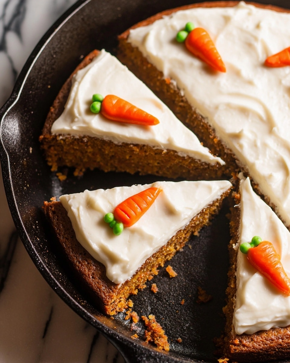 A close-up image of a round carrot cake baked in a dark cast iron skillet, cut into four visible slices. The cake has a thick, dense, moist-looking orange-brown crumb base layer. On top is a smooth and creamy white frosting layer, about half an inch thick, evenly spread with small, soft peaks and subtle swirls. Each slice is decorated with a small piped carrot design made of bright orange icing as the carrot body and a tiny dot of green icing as the carrot leaf, positioned near the narrow inner edge of each slice. The skillet is placed on a white marbled surface. photo taken with an iphone --ar 4:5 --v 7