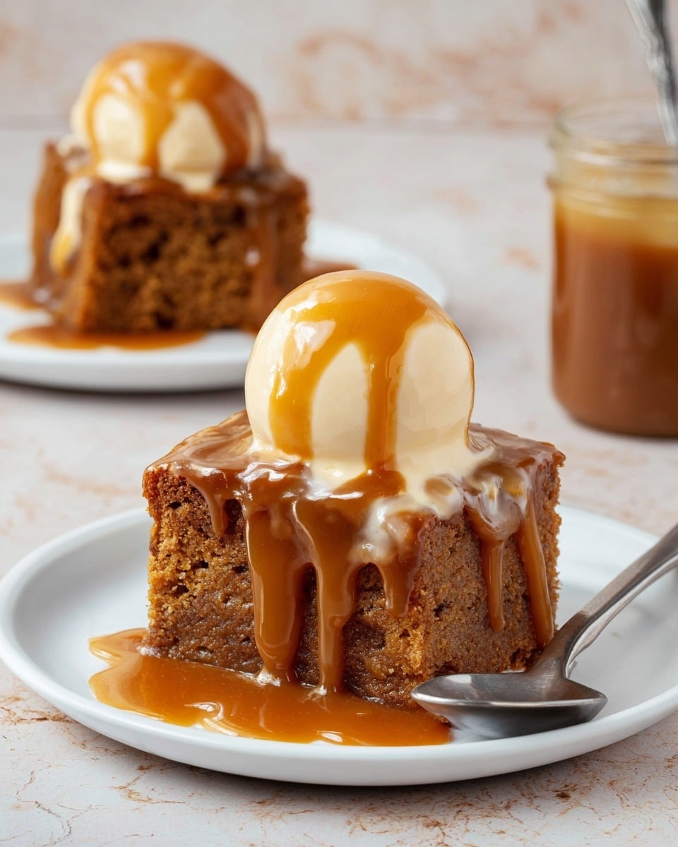 A square slice of brown moist cake with a dense texture is placed on a white plate, topped with a shiny layer of caramel sauce that drips down its sides. On top of the caramel is a round scoop of pale yellow ice cream, also drizzled with extra caramel sauce flowing smoothly over it. A silver spoon rests on the plate next to the cake. In the background, there is another similar cake slice on a white plate and a jar of caramel sauce with a metal spoon inside, all set on a white marbled surface. photo taken with an iphone --ar 4:5 --v 7