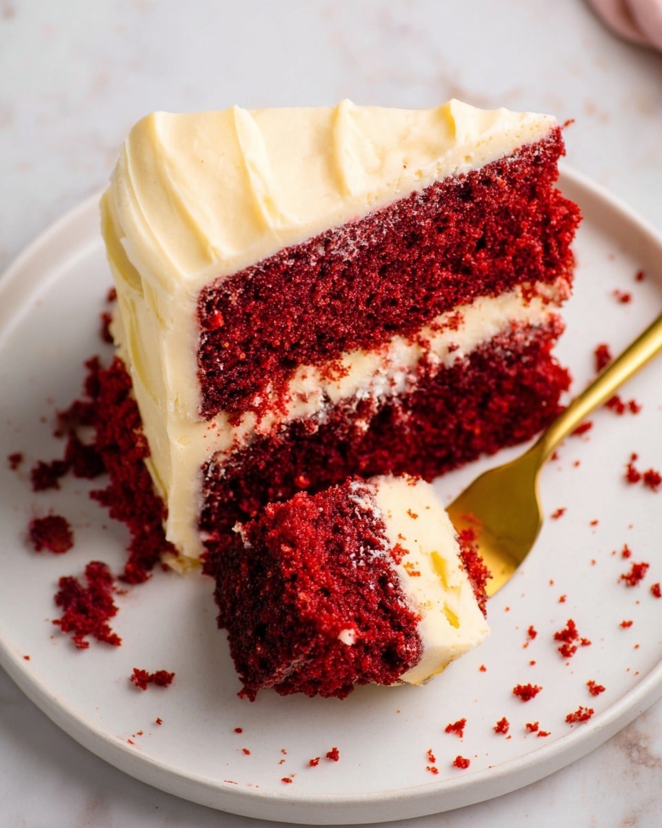 A close-up view of a two-layer red velvet cake slice on a white plate, the bottom layer is deep red with a moist texture, topped with a thick, creamy off-white frosting layer that spreads smoothly over the top and between the cake layers. A golden fork holds a bite-sized piece of the red cake with some frosting on it, positioned to the right side of the cake slice. There are a few red crumbs scattered on the white plate and the surrounding white marbled surface. Photo taken with an iphone --ar 4:5 --v 7