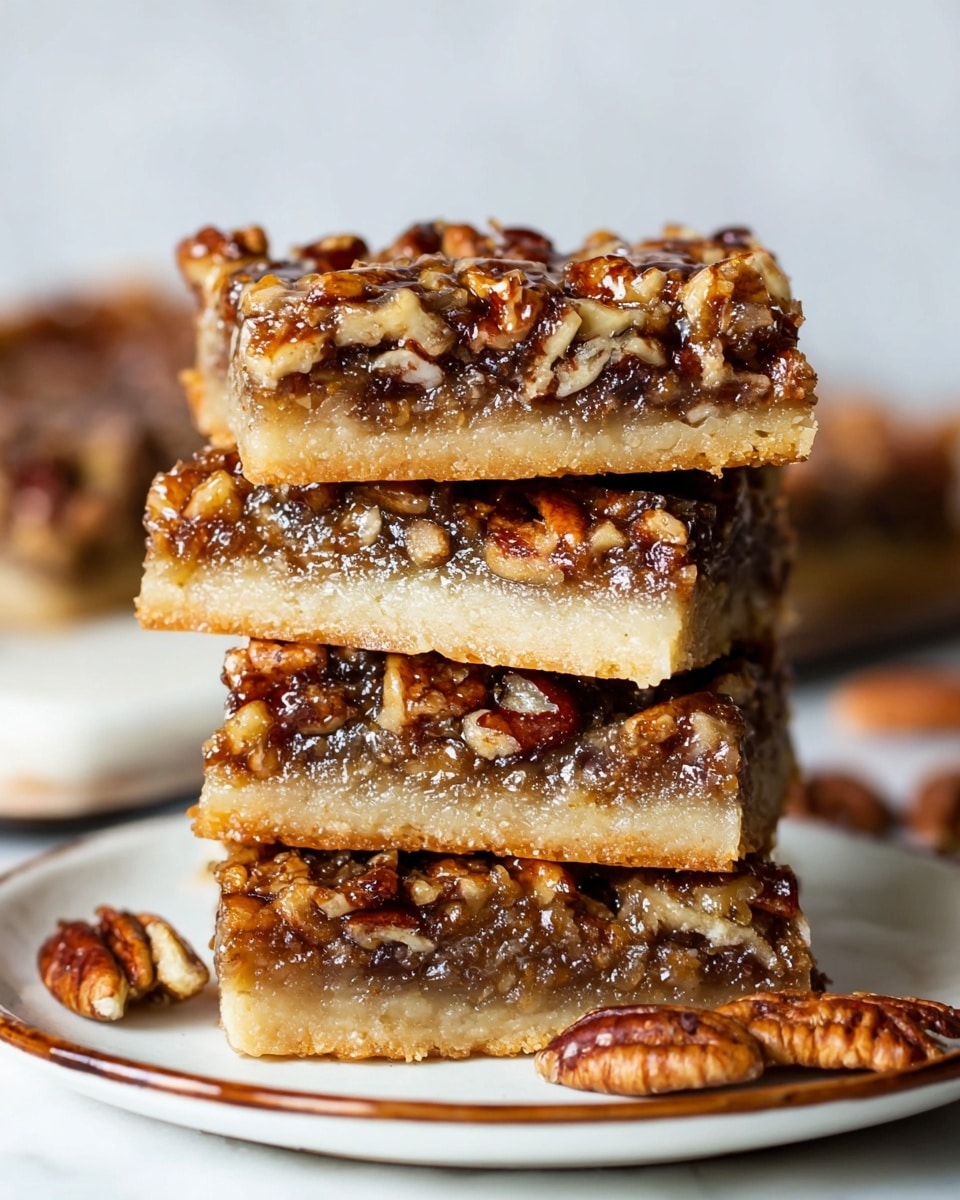 A close-up view of four stacked pecan bars on a white plate with a brown rim, placed on a white marbled surface. Each bar has two visible layers: a thick, pale golden shortbread crust at the bottom and a dense, glossy topping made of caramelized pecan halves and pieces, rich brown and amber in color, covering the entire top. The pecan layer is sticky with a slightly textured look, showing chunks of nuts embedded in a shiny, syrupy filling. Some loose pecans are scattered around the plate, adding to the rustic feel. The background is softly blurred with a clean, white marbled texture. Photo taken with an iphone --ar 4:5 --v 7