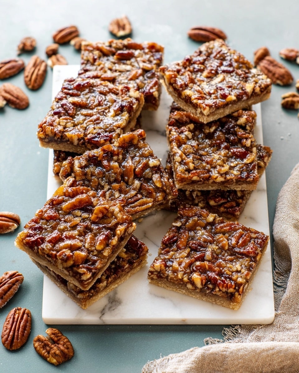 The image shows a group of pecan squares stacked on a white rectangular cutting board placed on a white marbled tile surface. Each square has two layers: a light, firm base that looks like a shortbread crust and a thick, golden-brown top layer densely covered with glossy pecan pieces and a sticky, caramel-like filling. The pecans are whole and halved, giving a rich textured look with their warm brown color contrasting against the lighter crust underneath. Scattered around the board and surface are loose pecans, enhancing the nutty theme. A beige cloth is partially visible near the bottom right corner. photo taken with an iphone --ar 4:5 --v 7
