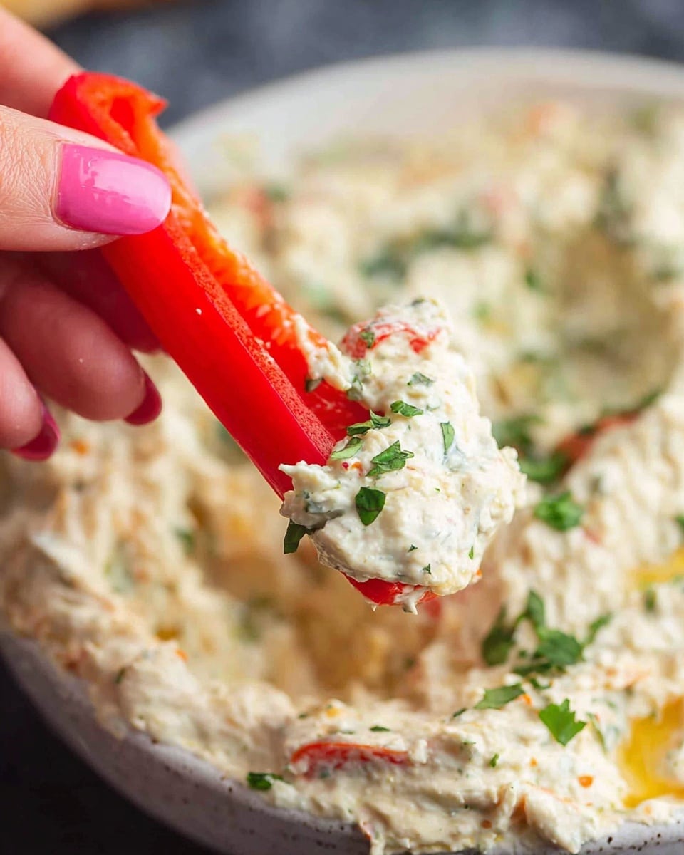 A woman's hand with pink painted nails is holding a bright red pepper strip dipped in a creamy, chunky white dip with visible bits of vegetables and herbs. The dip is spread thickly in a white bowl, sprinkled with small green herb pieces, adding a fresh touch. The background shows the creamy dip with a slightly coarse texture, making it look rich and thick. Photo taken with an iphone --ar 4:5 --v 7