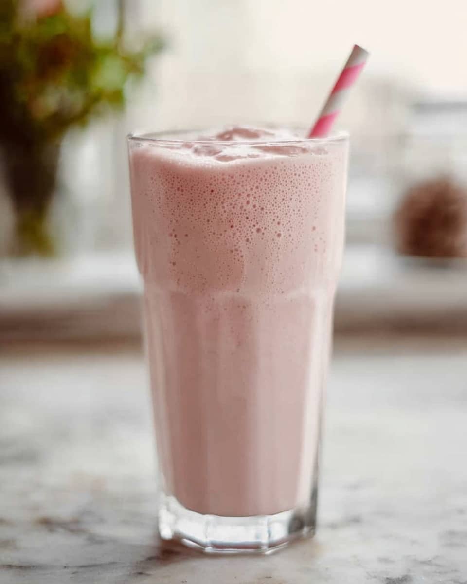 A tall, clear glass filled with a thick, light pink milkshake that has a smooth and creamy texture on top with small bubbles. A striped pink and white straw is placed in the drink, slightly leaning on one side. The glass sits on a white marbled surface with soft, blurred objects in the background. Photo taken with an iphone --ar 4:5 --v 7