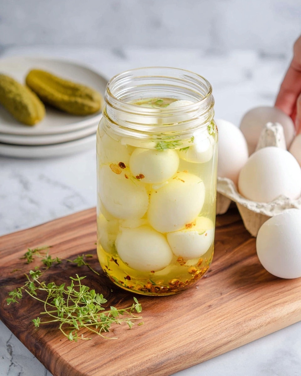 The image shows a clear glass jar filled with white boiled eggs fully submerged in a pale yellow pickling liquid with small bits of spices floating inside. The jar is placed on a wooden board with a natural grain pattern. To the left, there is a white plate holding pickles, and on the right, several white eggs are resting in a white egg carton. A few small sprigs of fresh green herbs are scattered on the wooden board. The background is a white marbled texture. Photo taken with an iphone --ar 4:5 --v 7