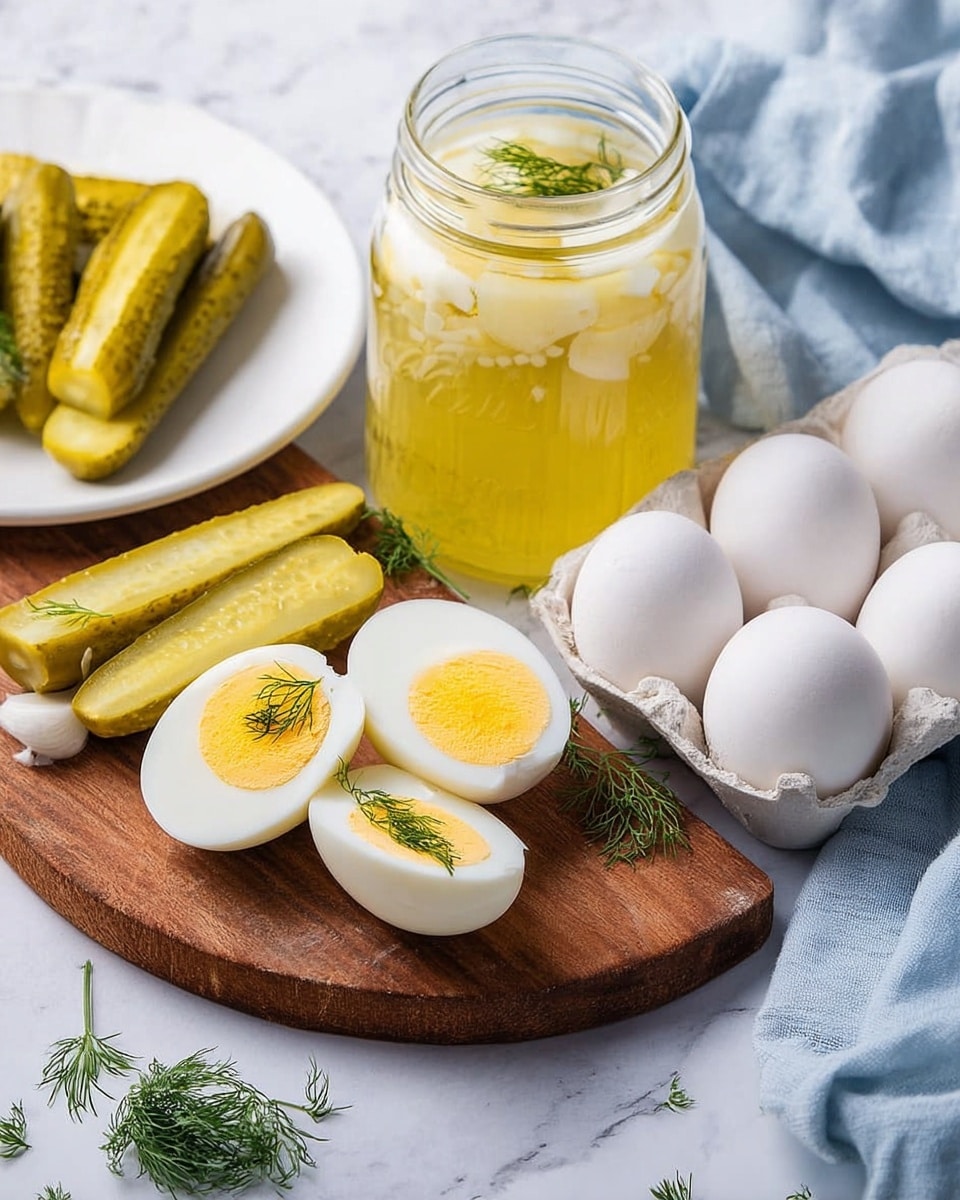 The image shows a rustic wooden board on a white marbled surface, holding three half-sliced hard-boiled eggs with smooth, white edges and bright yellow yolks, each garnished with a small piece of green dill. Next to the eggs are three pale green pickle spears with a crisp texture. Behind these, a clear glass jar filled with light yellow pickling liquid and pieces of garlic and dill inside sits prominently. To the right of the board is a white egg carton holding several whole white eggs, and a soft light blue cloth with a slightly wrinkled texture lies folded in the corner. A white plate with more pickle spears and scattered dill sprigs is visible on the left side. Photo taken with an iphone --ar 4:5 --v 7