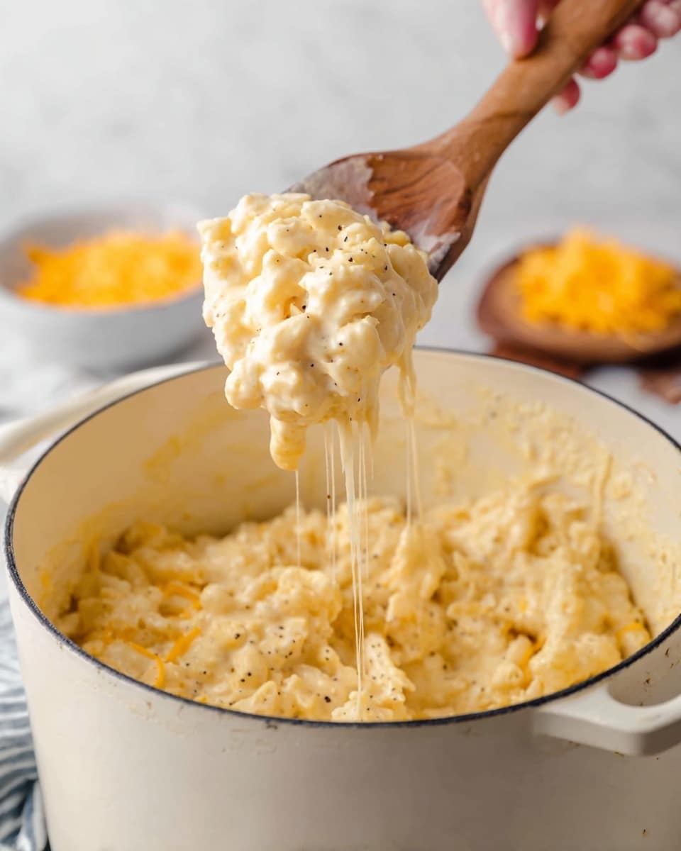 A white pot filled with creamy, thick, pale yellow macaroni and cheese with small bits of macaroni throughout. The top layer is smooth and gooey with melted cheese strings stretching as a wooden spoon lifts a scoop from the pot. The macaroni has a soft texture with tiny black pepper specks scattered across. In the background, out of focus, there are small bowls of shredded yellow and white cheese on a white marbled surface. A woman's hand grips the wooden spoon. Photo taken with an iphone --ar 4:5 --v 7