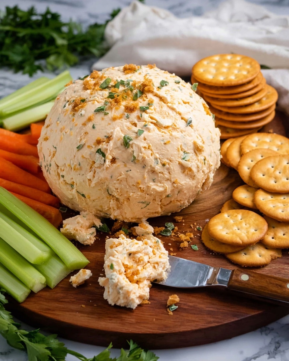 A large, round, creamy orange cheese ball sits on a dark wooden board with a few green herb bits sprinkled on top. In front of the cheese ball, there is a small metal spreader knife with a wooden handle holding a bit of the cheese ball mixture also sprinkled with herbs. Around the cheese ball, there are round golden crackers stacked on the right side and a few placed scattered on the board. Fresh, cut carrot sticks and celery sticks lay in front and to the sides of the cheese ball. The background shows a white marbled surface with some green herbs and a white cloth partially visible. photo taken with an iphone --ar 4:5 --v 7
