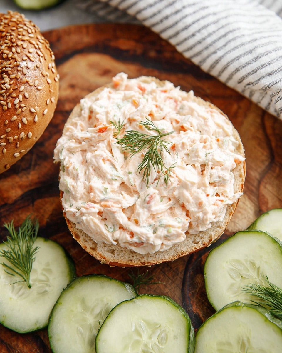 The image shows a sesame seed bagel sliced open with the bottom half spread generously with a creamy, pale pink mixture that has visible small bits of green and orange, likely vegetables or herbs mixed in. The creamy layer looks thick and textured, with a small sprig of fresh green dill placed on top as garnish. The sesame bagel half is positioned on a wooden board that shows some dark grain patterns, and around the bagel are fresh, thinly sliced cucumber rounds with a light green skin and translucent centers. A white and gray striped cloth napkin can be seen partially in the top right corner. photo taken with an iphone --ar 4:5 --v 7