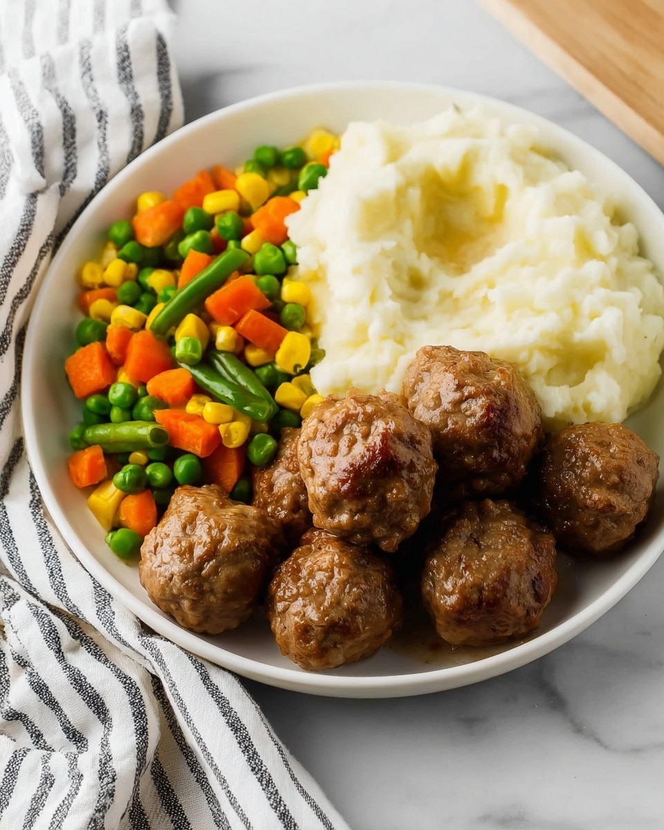 A white round plate on a white marbled surface holds a meal divided into three sections: a pile of brown meatballs with a slightly glossy texture at the front right, a scoop of smooth, creamy white mashed potatoes at the back right, and a colorful mix of diced carrots, corn, green beans, and peas at the back left. The meatballs are clustered closely together, showing a moist surface, while the vegetables add bright orange, yellow, and green colors that contrast with the creamy white potatoes. The plate is layered on top of another white plate, and a striped cloth napkin is partly visible on the side. Photo taken with an iphone --ar 4:5 --v 7