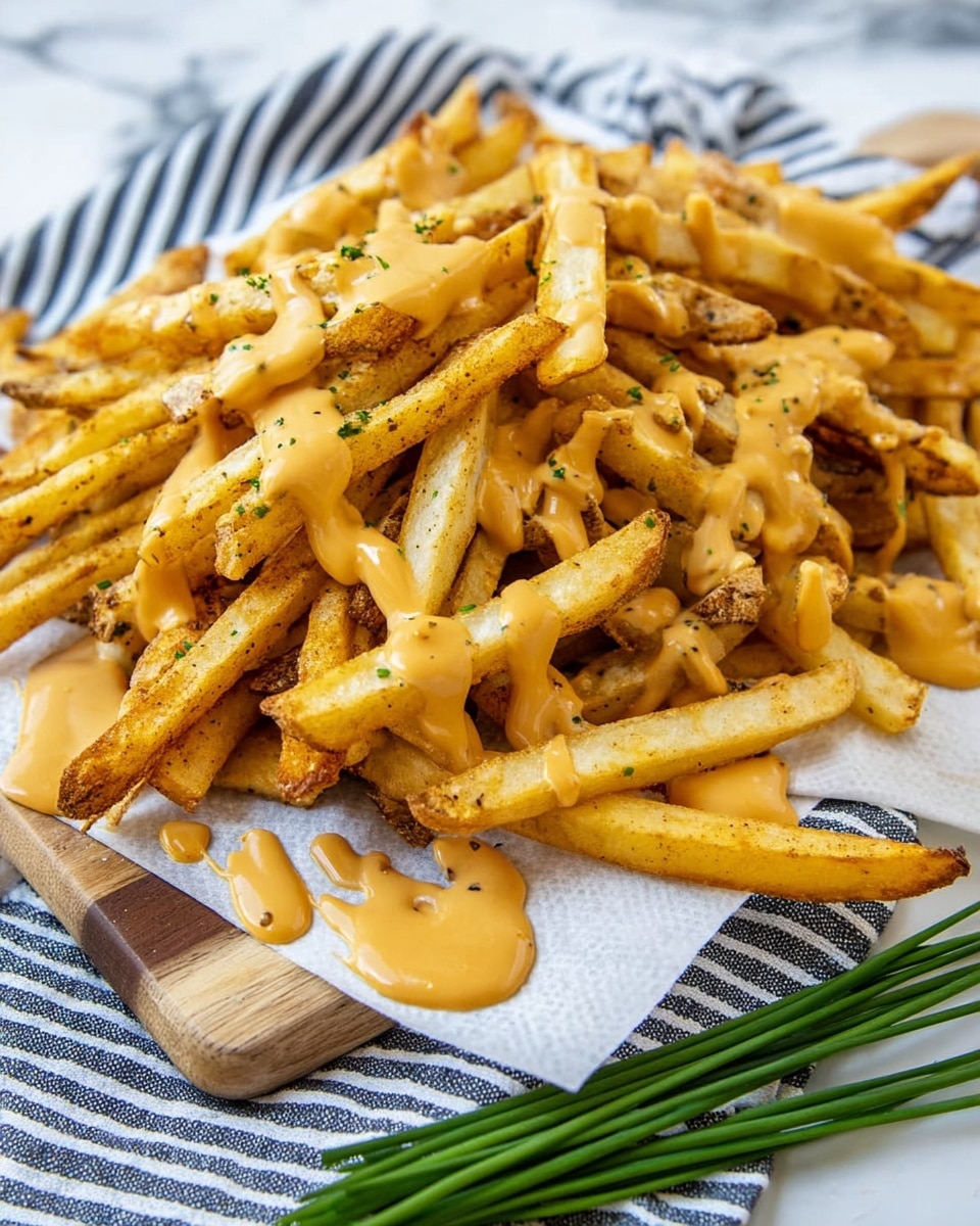 A pile of golden-brown French fries is spread out on white paper over a white and blue striped cloth on a wooden board. The fries are thick-cut with slightly crispy edges, some showing bits of potato skin, and are sprinkled with black pepper. They are drizzled generously with a creamy, light orange sauce in uneven stripes. Some green chives lie beside the board, adding a fresh touch, all set on a white marbled surface. photo taken with an iphone --ar 4:5 --v 7