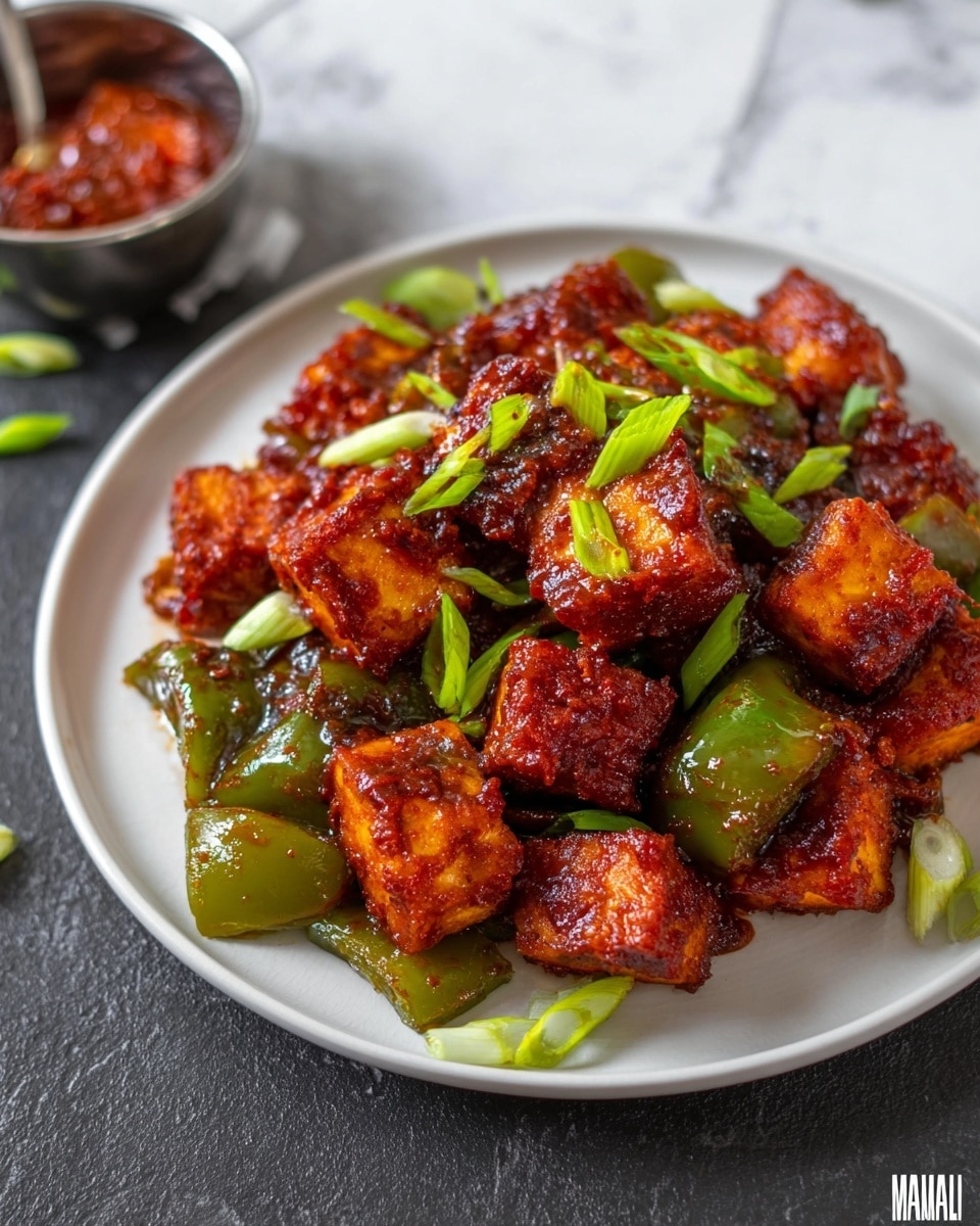 A round white plate holds a dish with two main layers: crispy, deep reddish-brown cubes of paneer coated in a glossy sauce form the top layer, while chunks of bright green bell pepper sit mixed beneath and around them. Scattered fresh green onion slices add a fresh, vibrant touch on top, contrasting with the rich colors of the sauce. The plate is placed on a white marbled texture with a small metal bowl of red chutney blurred out in the background. photo taken with an iphone --ar 4:5 --v 7