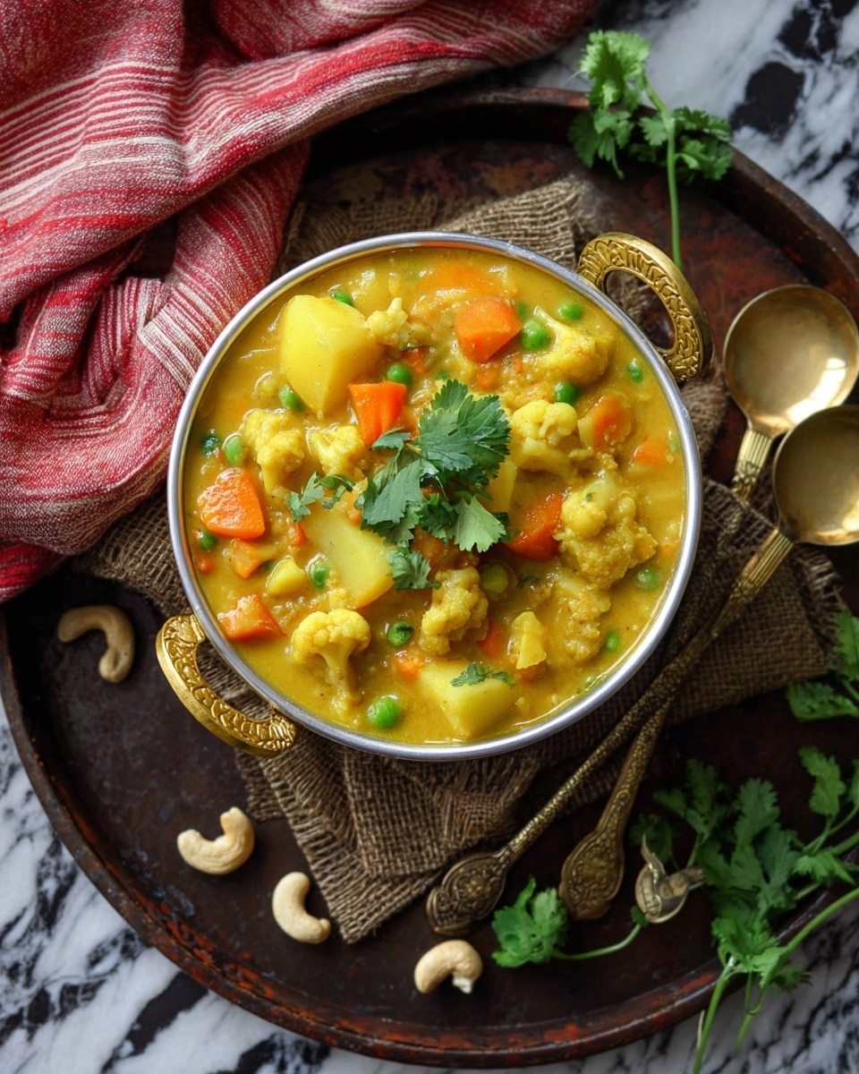 A white metal bowl with golden handles filled with thick yellow curry containing visible chunks of vegetables like orange carrots, yellow potatoes, green peas, and light cauliflower, garnished with fresh green cilantro leaves on top. The bowl sits on a piece of woven brown cloth placed on a large rustic dark metal tray. Nearby, there are three shiny gold spoons with intricate handles, a few scattered cashew nuts, and sprigs of cilantro on a white marbled textured surface. A red and white striped cloth is partially visible on the left side. photo taken with an iphone --ar 4:5 --v 7