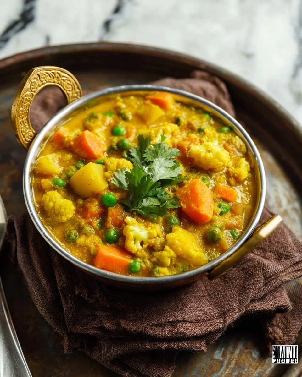 A round silver bowl with two golden handles holds a thick, yellow-orange vegetable curry. The curry has visible chunks of orange carrots, yellow potatoes, green peas, and cauliflower pieces all mixed in a textured sauce. Bright green coriander leaves sit on top, adding fresh color. The bowl rests on a dark brown coarse cloth, placed on a worn dark metal tray, all set against a white marbled surface. photo taken with an iphone --ar 4:5 --v 7