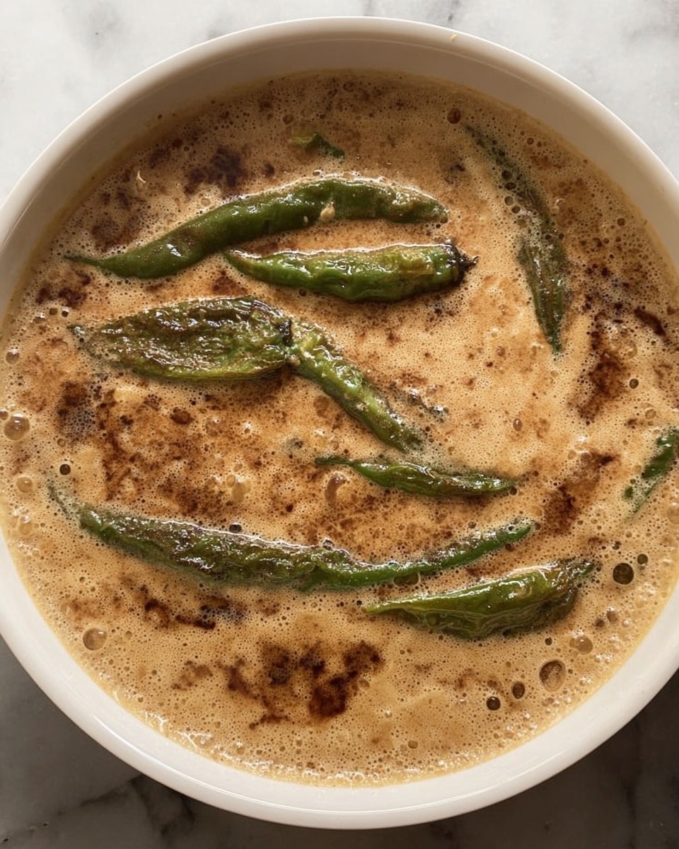 The image shows a close-up of a bowl filled with a creamy sauce that has a light brown color mixed with darker brown spots, creating a textured surface. Inside the sauce, several whole green chili peppers lay spread across, adding a contrasting dark green color and a slightly wrinkled texture against the smooth, bubbling sauce. The bowl is white and round, resting on a white marbled surface. Photo taken with an iphone --ar 4:5 --v 7