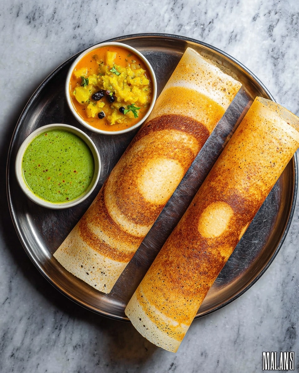 Two long, thin, golden-brown dosas with crispy edges and darker circular spots are placed side by side on a round, dark metal plate. At the top of the plate, three small round white bowls hold different sides: the left bowl contains a smooth green chutney with a few black mustard seeds, the middle bowl contains a chunky yellow potato mixture with green herbs, and the right bowl contains orange sambar with visible small vegetable pieces. The plate sits on a white marbled surface. photo taken with an iphone --ar 4:5 --v 7