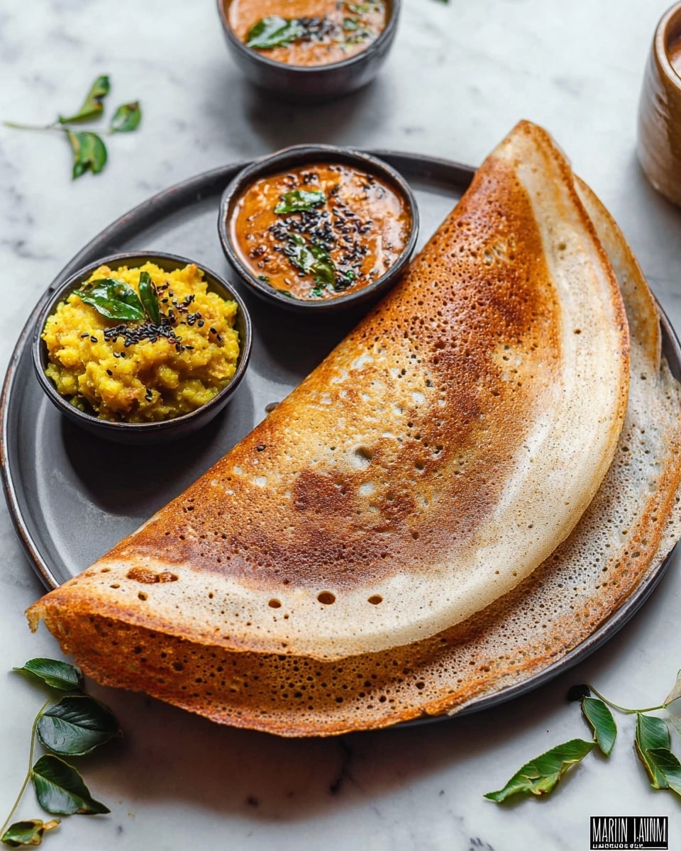 A large folded brown dosa with a crispy texture and light golden spots, placed on a round white plate. On the plate, there are three small bowls arranged close to the dosa: one contains yellow spiced mashed potatoes with visible herbs, another has a reddish-orange thick chutney topped with black mustard seeds and green curry leaves, and the third holds a darker brown chutney with a smooth texture. Small green curry leaves are scattered around the plate on a white marbled surface. The photo taken with an iphone --ar 4:5 --v 7