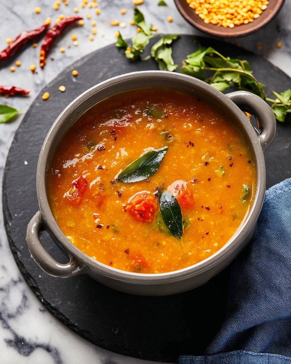 A gray pot filled with a thick orange lentil soup with visible chunks of cooked tomatoes and a few green curry leaves floating on top. There are small leaf pieces scattered in the soup, adding texture. The pot is placed on a round black slate serving board, which rests on a white marbled surface. Around the pot are scattered red dried chili pieces, yellow lentil grains, and fresh green herbs. A folded blue cloth napkin is partially visible to the right of the pot. photo taken with an iphone --ar 4:5 --v 7