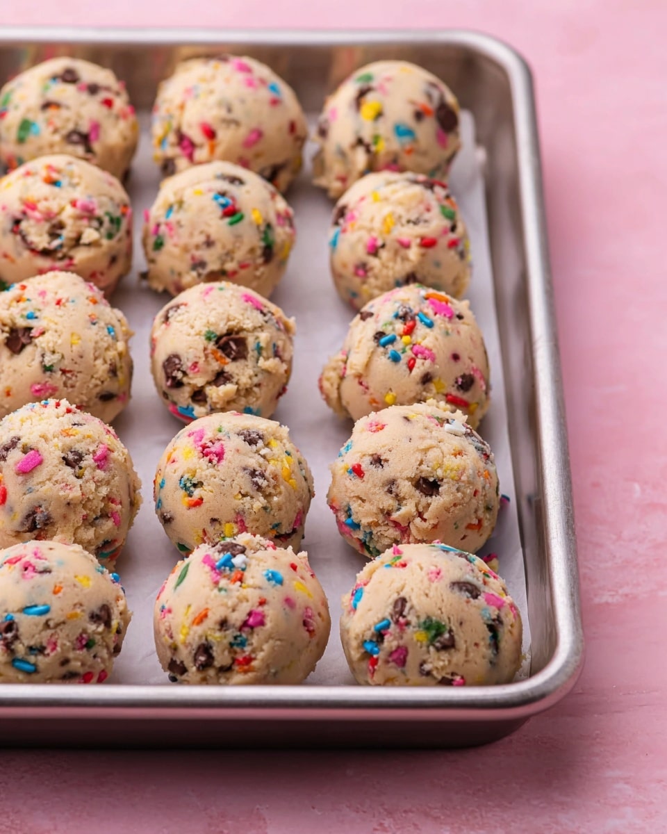 A metal baking tray holds 15 round scoops of cookie dough arranged in a close grid. Each dough ball is light beige with colorful rainbow sprinkles and small chocolate chunks mixed throughout, giving a spotted texture. The dough looks soft and slightly crumbly, with uneven edges on some scoops. The tray sits on a white marbled surface with a soft pink background. The image captures a close, angled view focusing on the front rows of dough scoops, showing their rough but rounded shapes clearly. photo taken with an iphone --ar 4:5 --v 7