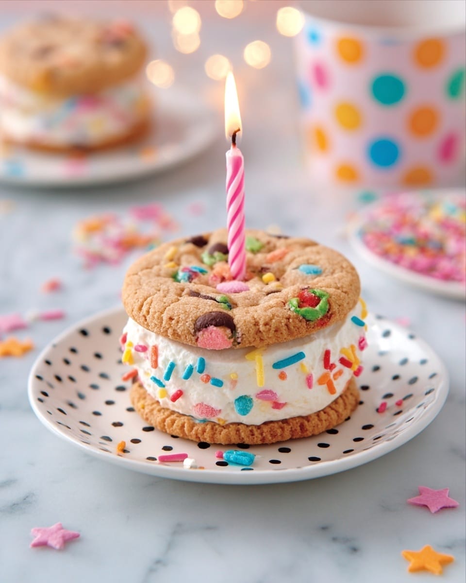 A small dessert sandwich is placed at the center of a white plate with black dots, sitting on a white marbled surface. The dessert has three layers: the top and bottom layers are light brown cookies with visible colorful candy pieces, and the middle layer is white cream mixed with rainbow sprinkles. A pink-and-white striped candle is lit and inserted in the top cookie layer, producing a small flame. In the background, there is a soft focus of a cup and other festive items with colorful star and dot patterns. Photo taken with an iphone --ar 4:5 --v 7