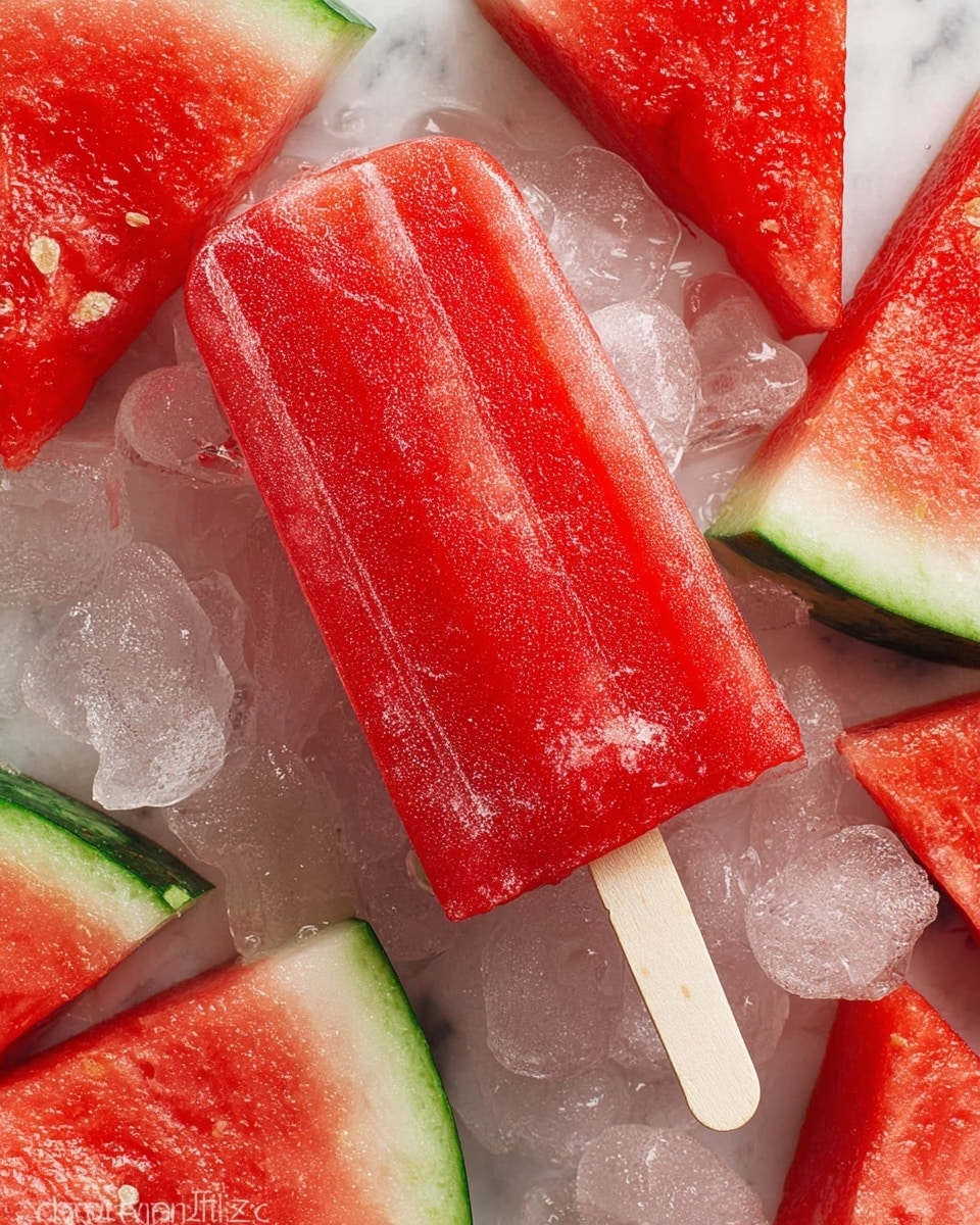 A bright red watermelon popsicle with a wooden stick is placed on a bed of crushed ice and fresh watermelon slices. The watermelon slices show a vibrant red flesh with green rind edges, some pieces are triangular while others have irregular shapes. The popsicle has a slightly textured surface with visible ice crystals, and the ice beneath glistens, adding a refreshing, cool effect to the image. The whole setup rests on a white marbled surface. photo taken with an iphone --ar 4:5 --v 7