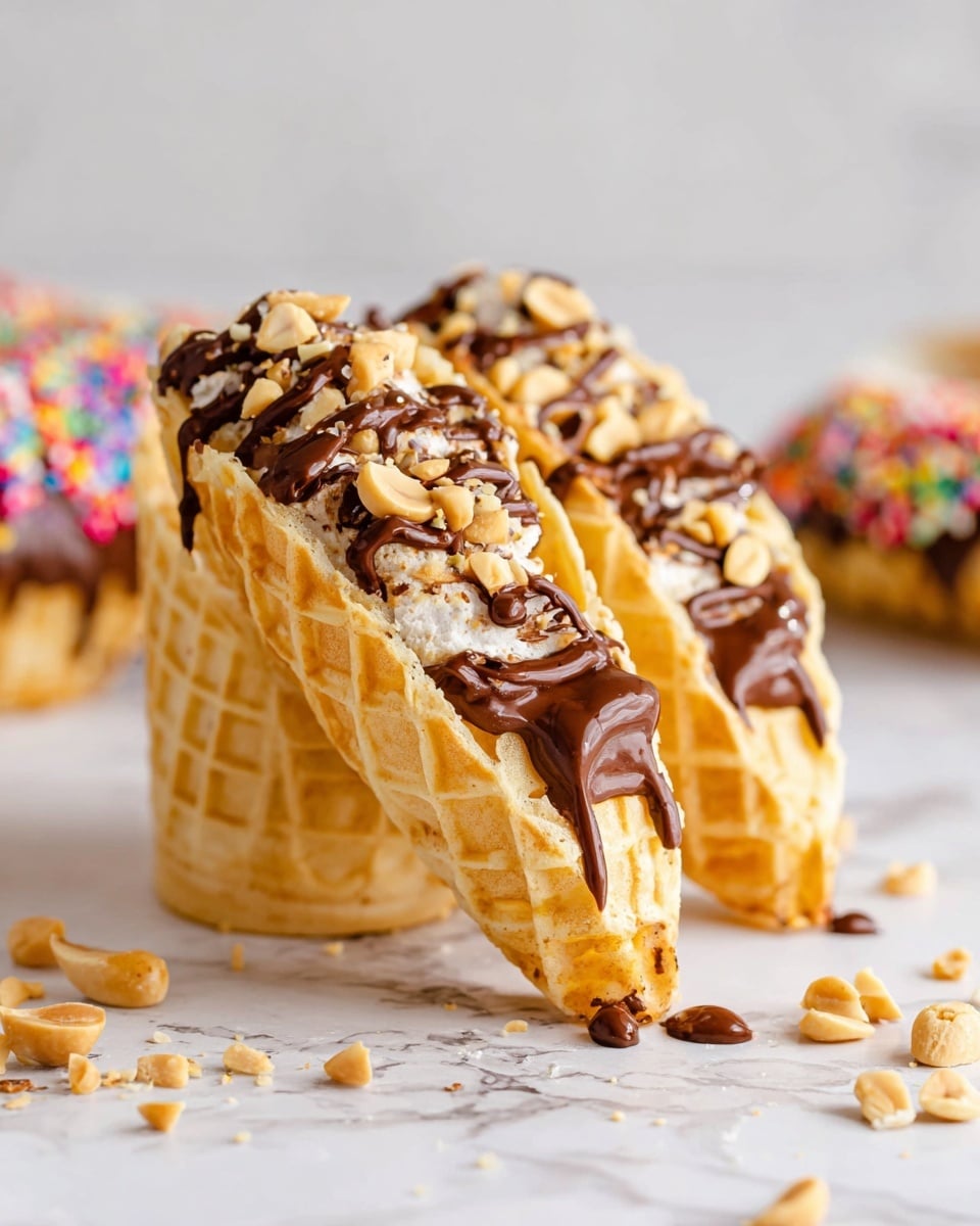 The image shows three waffle taco shells standing upright on a white marbled surface. Each waffle taco shell has a pale golden color and a grid texture. Inside the shell, there is a thick drizzle of dark chocolate sauce that coats the inner side, topped with chopped light brown peanuts scattered unevenly. A few stray pieces of peanuts and drops of chocolate sauce are spread on the white marbled surface around the waffle tacos. In the blurred background, there is a glimpse of another waffle taco shell covered with chocolate and colorful sprinkles. The photo taken with an iphone --ar 4:5 --v 7