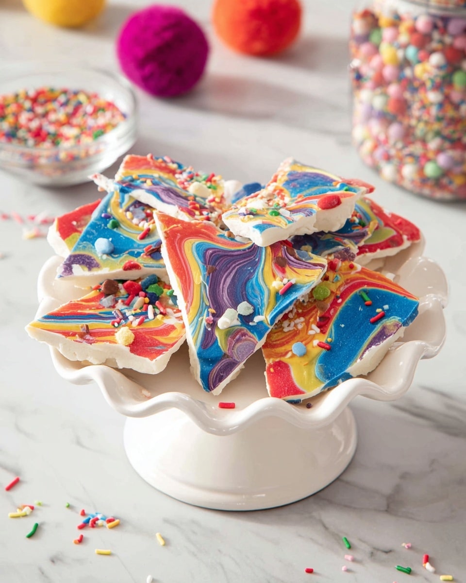 A white scalloped-edge pedestal dish holds multiple large shards of colorful bark. Each shard has a smooth white chocolate base layer with swirls of bright blue, red, yellow, orange, purple, and green forming a marble pattern on top. The bark pieces are topped with a layer of multicolored round and rod-shaped sprinkles scattered unevenly across the surface. The dish is placed on a white marbled surface with a small bowl of similar sprinkles and a fuzzy multicolored pom-pom garland in the blurry background. A few stray sprinkles are scattered around the base of the plate. photo taken with an iphone --ar 4:5 --v 7