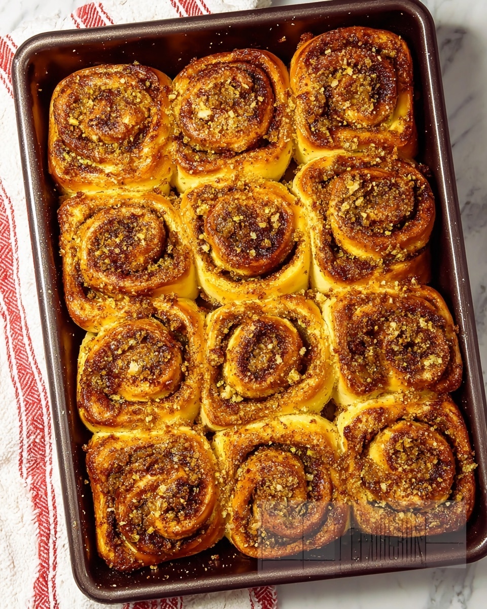 The image shows a rectangular baking pan filled with twelve golden-brown rolls arranged closely together in three rows of four. Each roll has a spiral shape with a textured filling that looks greenish-brown, likely pesto or a similar spread, and is sprinkled with a light layer of crumbly topping that adds a slightly rough texture. The edges of the rolls are crispy and darker brown, with some areas showing a slight caramelized color. The pan rests on a white marbled surface with a white cloth featuring red stripes partially visible on the side. photo taken with an iphone --ar 4:5 --v 7