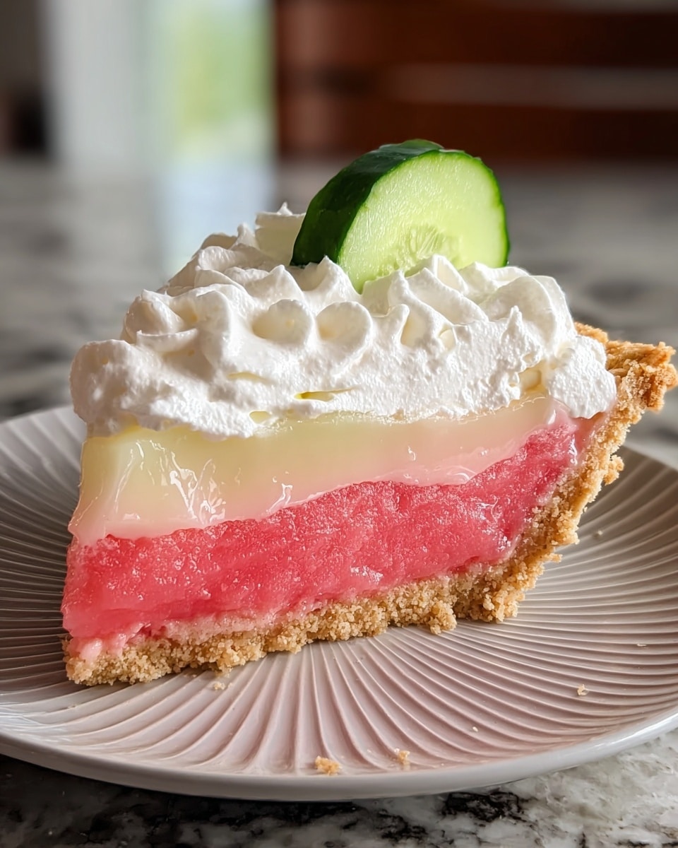 This image shows a three-layer watermelon tart on a clear glass plate with a white marbled surface underneath. The bottom layer is a light golden, crumbly pie crust. Above that, the thick middle layer is a smooth, deep pink watermelon filling. The top layer is a flat, slightly glossy slice of fresh watermelon matching the filling's color. Around the edge of the tart, there are white swirls of whipped cream evenly spaced, each topped with a thin triangular slice of green watermelon rind with pale green flesh inside. A single slice of the tart is slightly pulled out to the right, showing the solid layers clearly. Photo taken with an iphone --ar 4:5 --v 7
