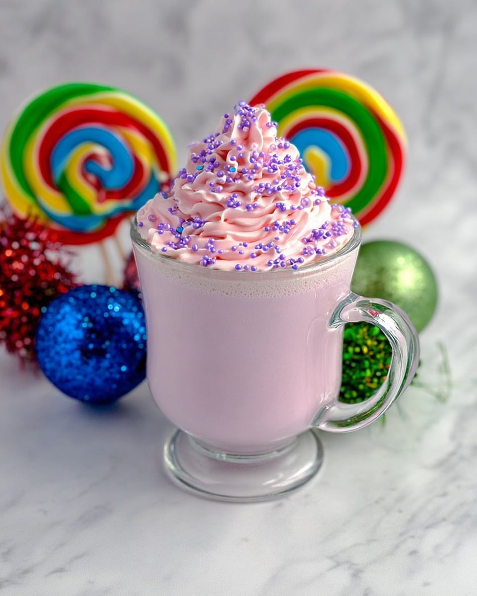 A clear glass cup filled with a light pink creamy drink, topped with a thick swirl of soft pink whipped cream that is decorated with small purple sprinkles. The cup has a clear handle on the right side and is placed on a white marbled surface. Behind the cup, there are colorful spiral lollipops with bright red, green, blue, and yellow colors, along with blue glittery balls and green sparkly decorations, adding a festive look to the scene. photo taken with an iphone --ar 4:5 --v 7