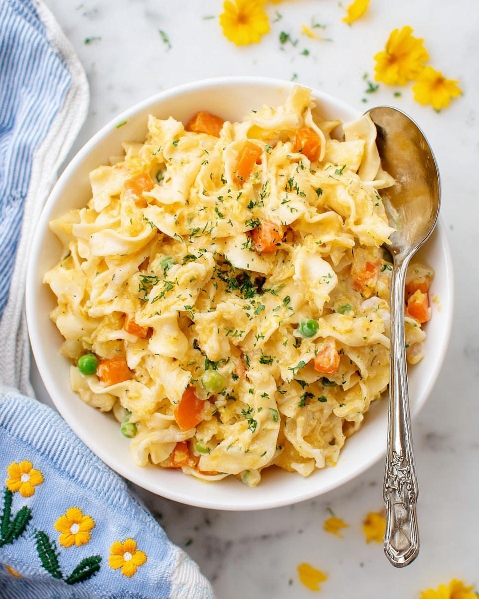 A white bowl filled with a mix of cooked egg noodles and small pieces of vegetables such as orange carrots and green peas, all coated in a light yellow creamy sauce. The dish is topped with green herbs sprinkled evenly. A shiny, silver spoon with a decorative handle rests on the right edge of the bowl. The bowl is placed on a white marbled surface with scattered small bits of vegetables and noodles around. In the lower left corner, part of a blue and white striped cloth with yellow flower embroidery is visible. photo taken with an iphone --ar 4:5 --v 7