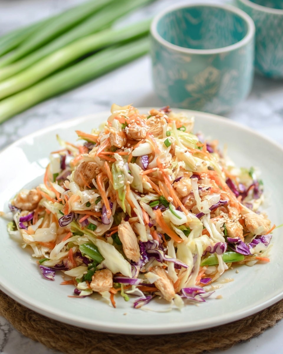 A white plate holds a colorful mixed salad with about three layers of ingredients. The base layer is shredded white and purple cabbage, providing a mix of pale green and vibrant purple colors with a crunchy texture. Mixed throughout are scattered thin, orange carrot strips adding brightness and contrast. On top and within the cabbage and carrots are small, roughly cut cooked chicken pieces, showing a light golden brown color and tender texture. Thin slices of green vegetables peek through the layers, adding a fresh touch. The salad looks lightly dressed with a glossy finish and some sesame seeds sprinkled sparsely. The plate is placed on a white marbled surface with green onions and patterned light blue cups in the blurry background. photo taken with an iphone --ar 4:5 --v 7