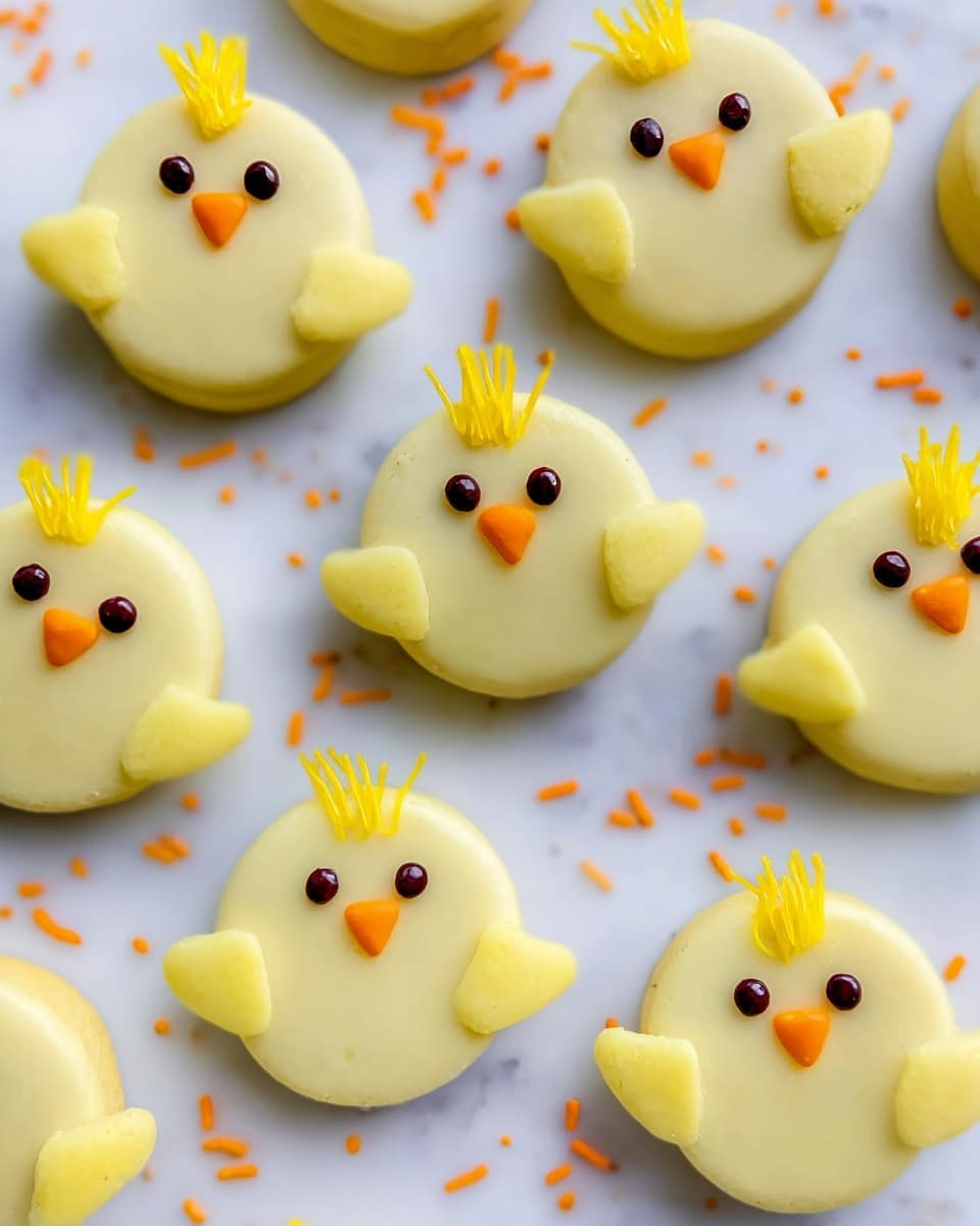 The image shows multiple small chick-shaped treats arranged on a white marbled surface. Each treat has two layers: a smooth, round base in pale yellow forming the chick’s body, with two wing-like extensions on either side. The face details include two small black round eyes, a small orange triangular beak in the center, and three short strands of yellow icing or decoration on top of the head resembling feathers. Small scattered thin orange and yellow sprinkles are sprinkled around the treats, adding color contrast. photo taken with an iphone --ar 4:5 --v 7