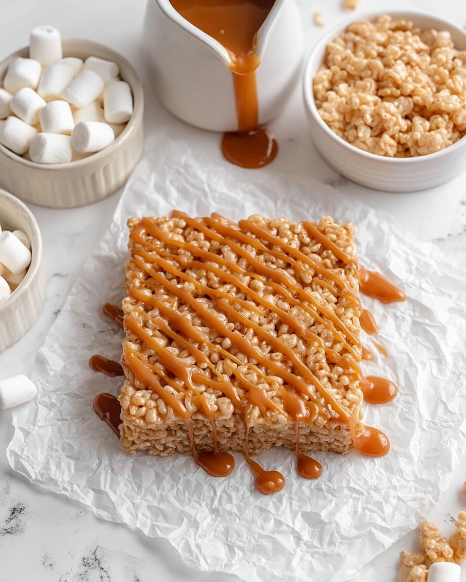 A square bar made of light tan crispy rice cereal is placed on crinkled white parchment paper on a white marbled surface. The bar is covered with a glossy drizzle of smooth, caramel-colored sauce that runs slightly over the edges. Above the bar, there is a white pitcher with the same caramel sauce dripping from its spout, along with two white bowls — one filled with small white marshmallows and the other with crispy rice cereal pieces. The scene has a clean, bright look with soft natural lighting. Photo taken with an iphone --ar 4:5 --v 7