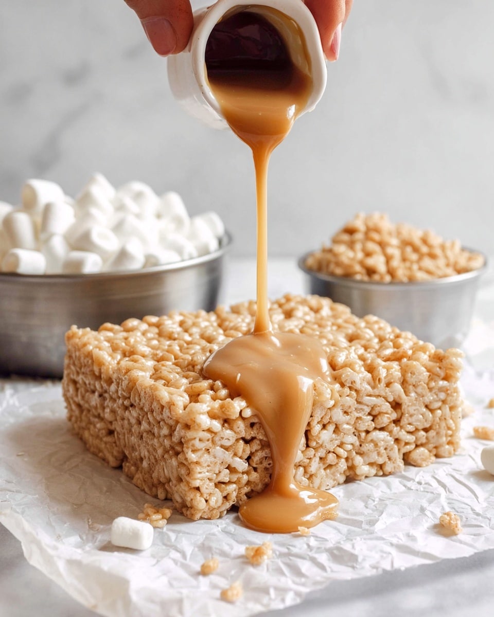 A close-up of a thick square rice crispy treat with a light tan caramel sauce being poured over from a small white cup held by a woman's hand on the top left. The treat shows a single textured layer of puffed rice cereal bound together, with the sauce dripping down its sides and pooling slightly on white crumpled parchment paper beneath it. In the blurred background on a white marbled texture, there are two metal bowls, one filled with small white marshmallows and the other with crumbled tan pieces. Photo taken with an iphone --ar 4:5 --v 7