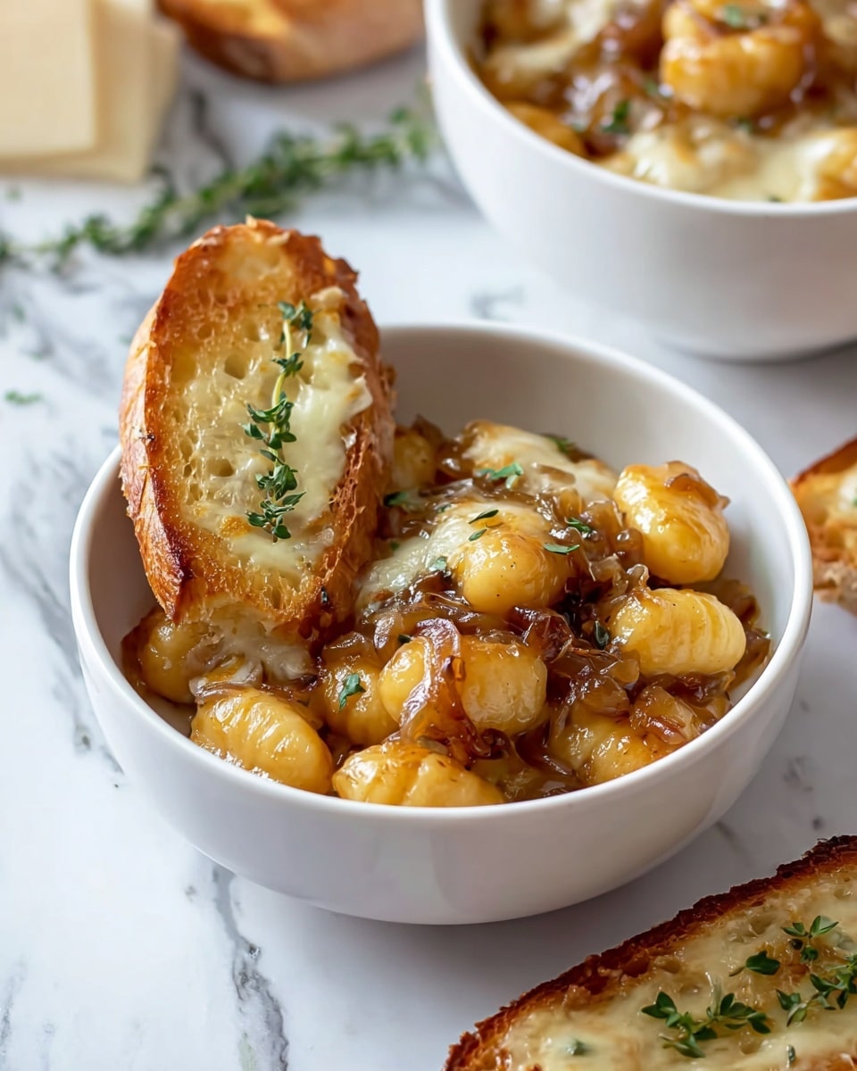 A white bowl filled with golden-brown gnocchi covered in caramelized onions and melted cheese, creating a soft, slightly stringy texture on top. On one side, a toasted slice of bread rests inside the bowl, topped with a small green herb sprig. The bowl sits on a white marbled surface with a couple of toasted bread slices nearby, each garnished with small green herbs. In the background, another white bowl filled with the same gnocchi is slightly out of focus. Photo taken with an iphone --ar 4:5 --v 7
