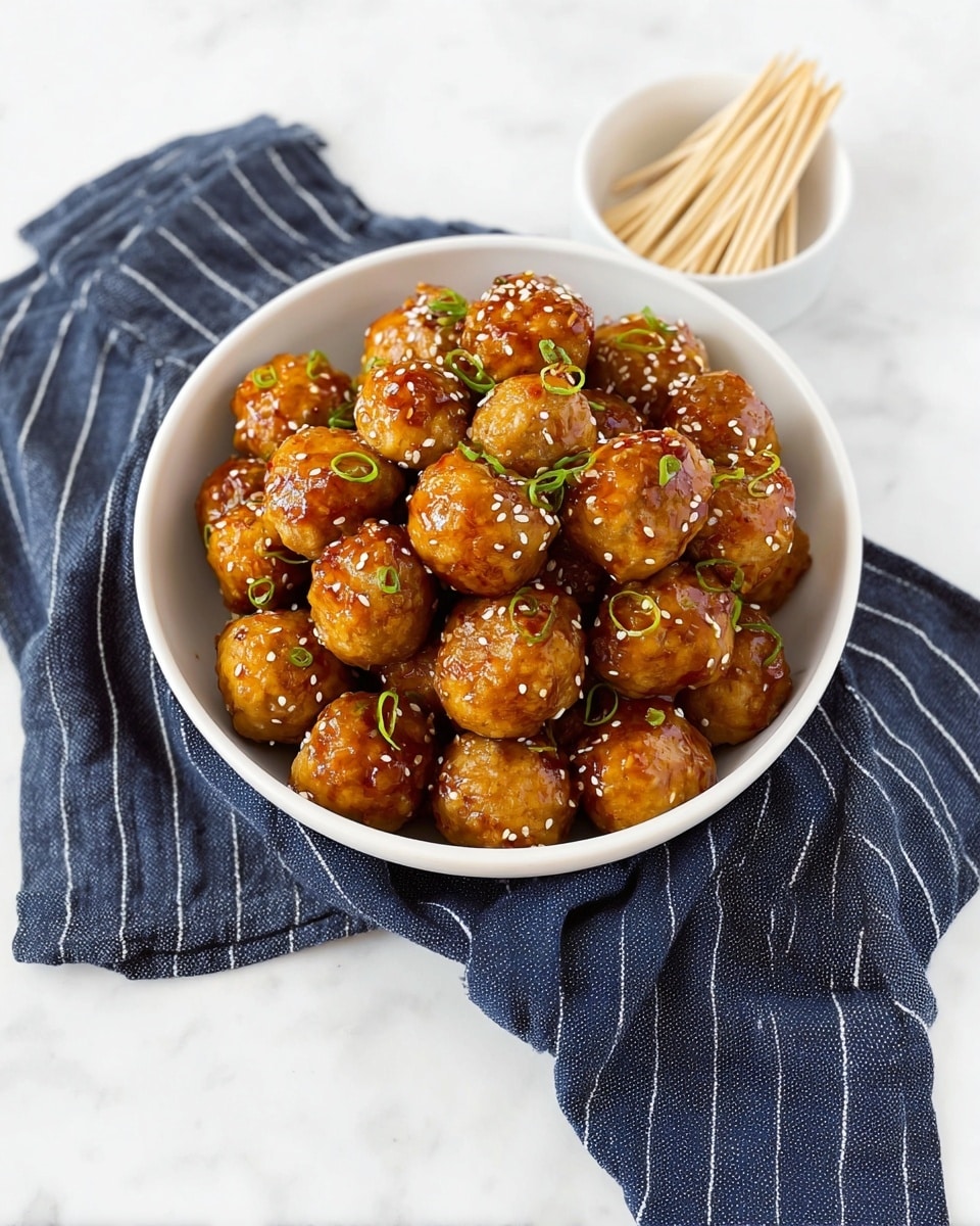 A white bowl filled with about three layers of small golden-brown meatballs coated in a shiny, sticky glaze. The top layer of meatballs is sprinkled with white sesame seeds and bright green sliced herbs, adding color contrast. The bowl sits on a dark blue cloth with white stripes, arranged loosely around it, all placed on a white marbled surface. Next to the bowl is a smaller white bowl holding a spread of light-colored toothpicks. Photo taken with an iphone --ar 4:5 --v 7