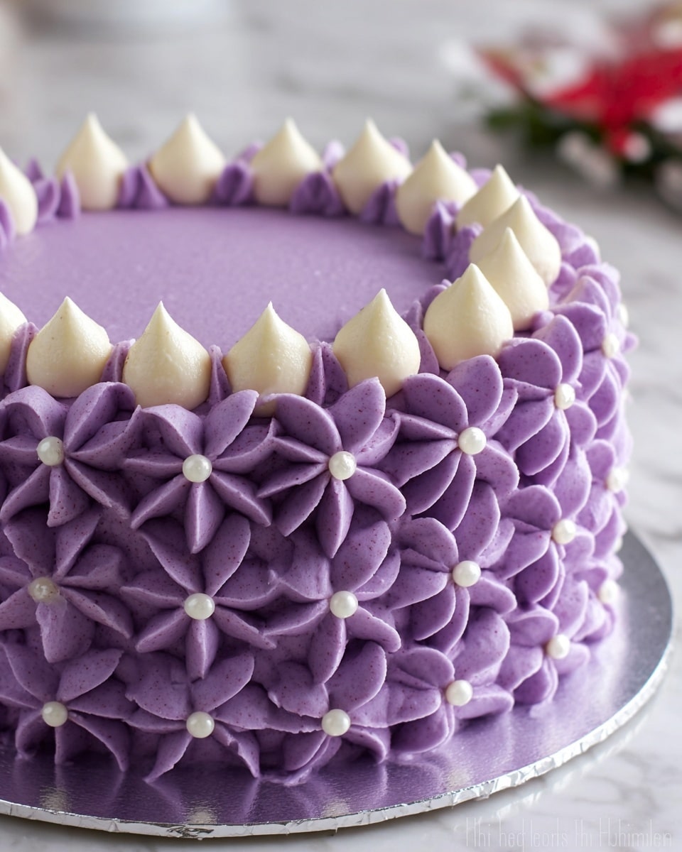 A round cake covered in three layers of thick purple cream shaped as petals, with small dollops of white cream placed evenly in between the petals, creating a pattern all around the cake’s side. The top edge is decorated with small purple cream dollops, each paired with a tiny white cream dot, forming a neat border. The cake sits on a reflective silver board, all set on a white marbled surface. Photo taken with an iphone --ar 4:5 --v 7