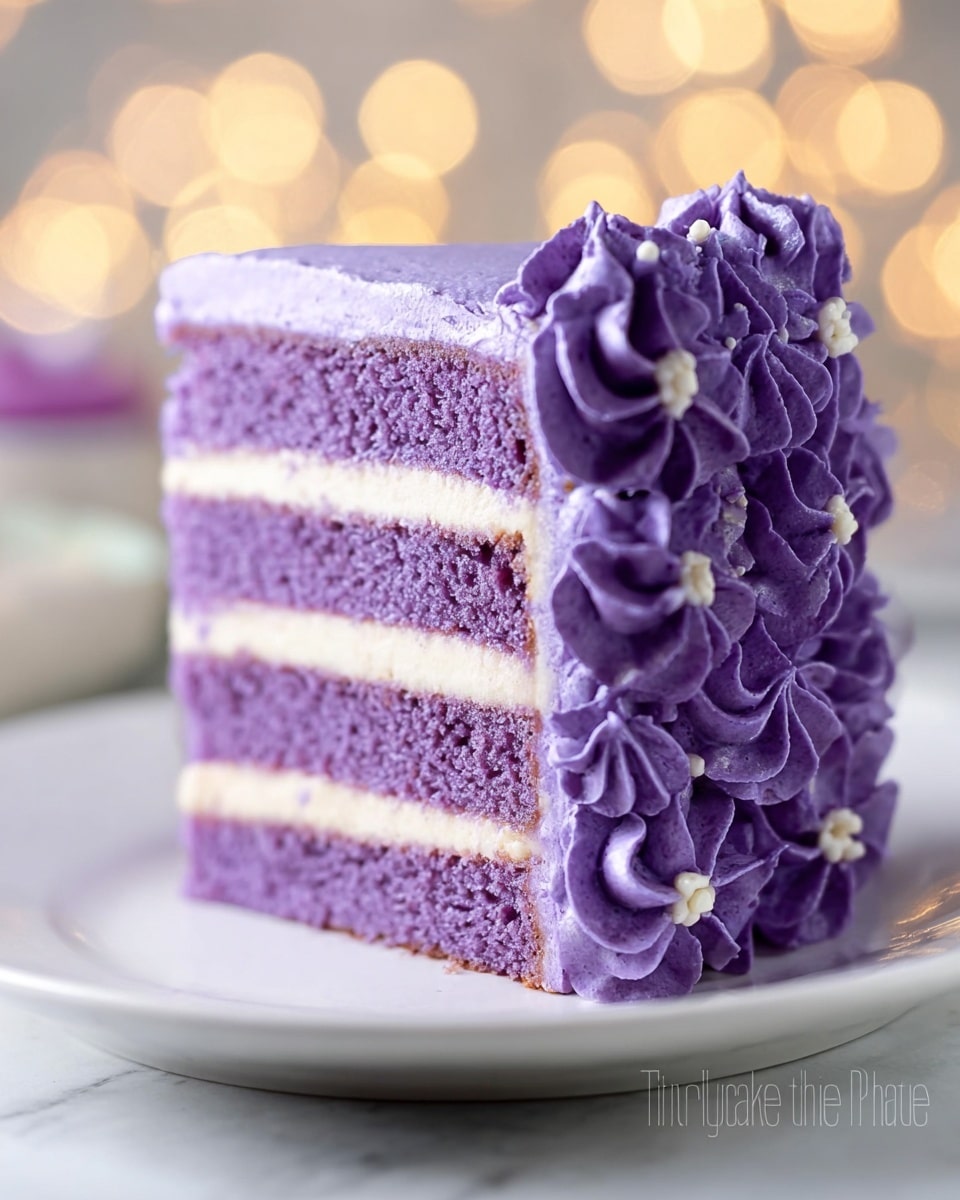 A slice of a purple cake with three thick layers of soft purple sponge separated by two thin layers of smooth light purple frosting sits on a white plate. The front and right side of the slice are decorated with detailed purple frosting flowers, each having small white frosting centers. The background is a white marbled texture with soft, out-of-focus lights. Photo taken with an iphone --ar 4:5 --v 7