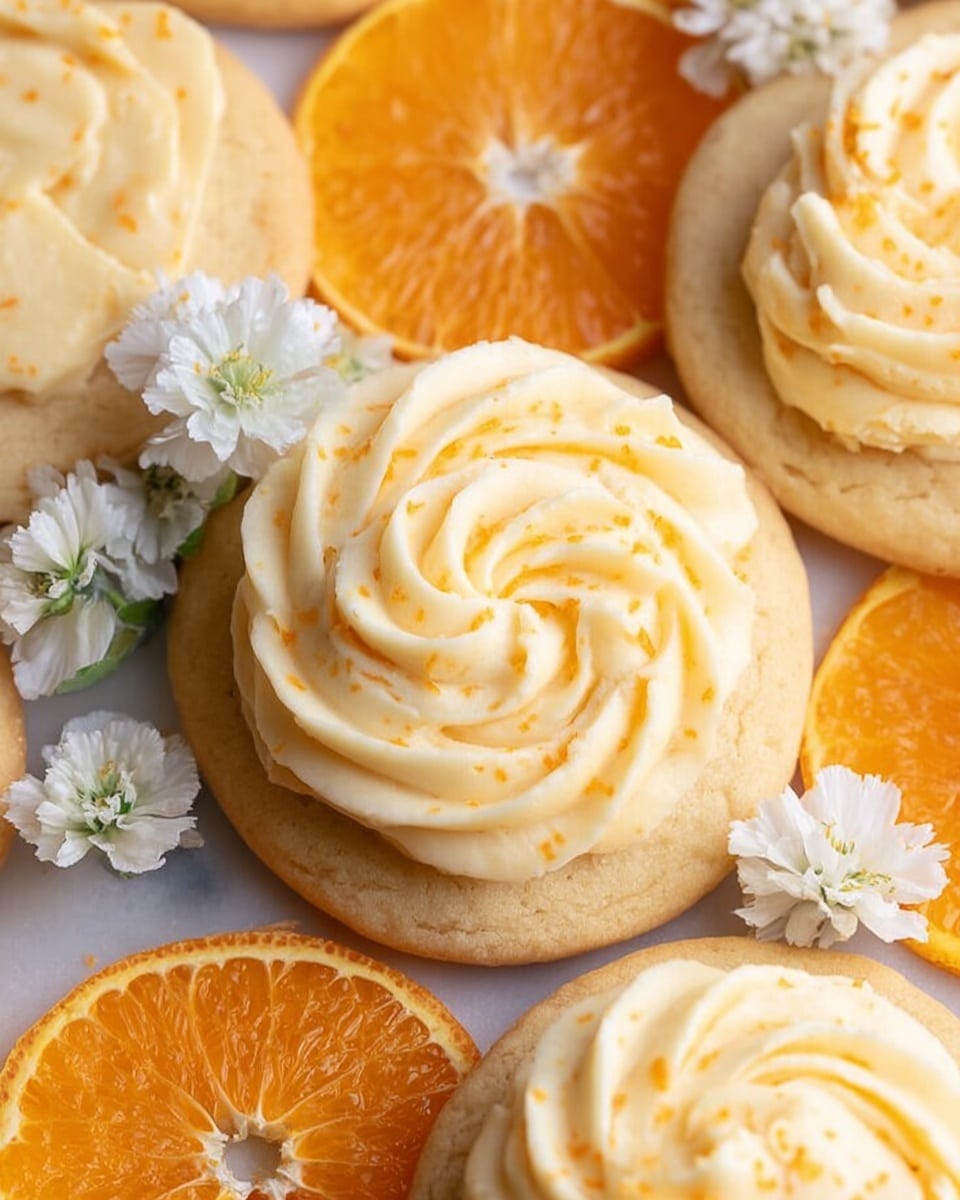 The image shows two soft, round cookies stacked on a white marbled surface. The bottom cookie is whole and has a light golden-brown color with a smooth texture. The top cookie is slightly broken, revealing a soft, crumbly inside and has a thick layer of creamy white frosting with small orange zest pieces sprinkled on top. In the background, there is a blurred orange slice and a deep purple cloth. Photo taken with an iphone --ar 4:5 --v 7