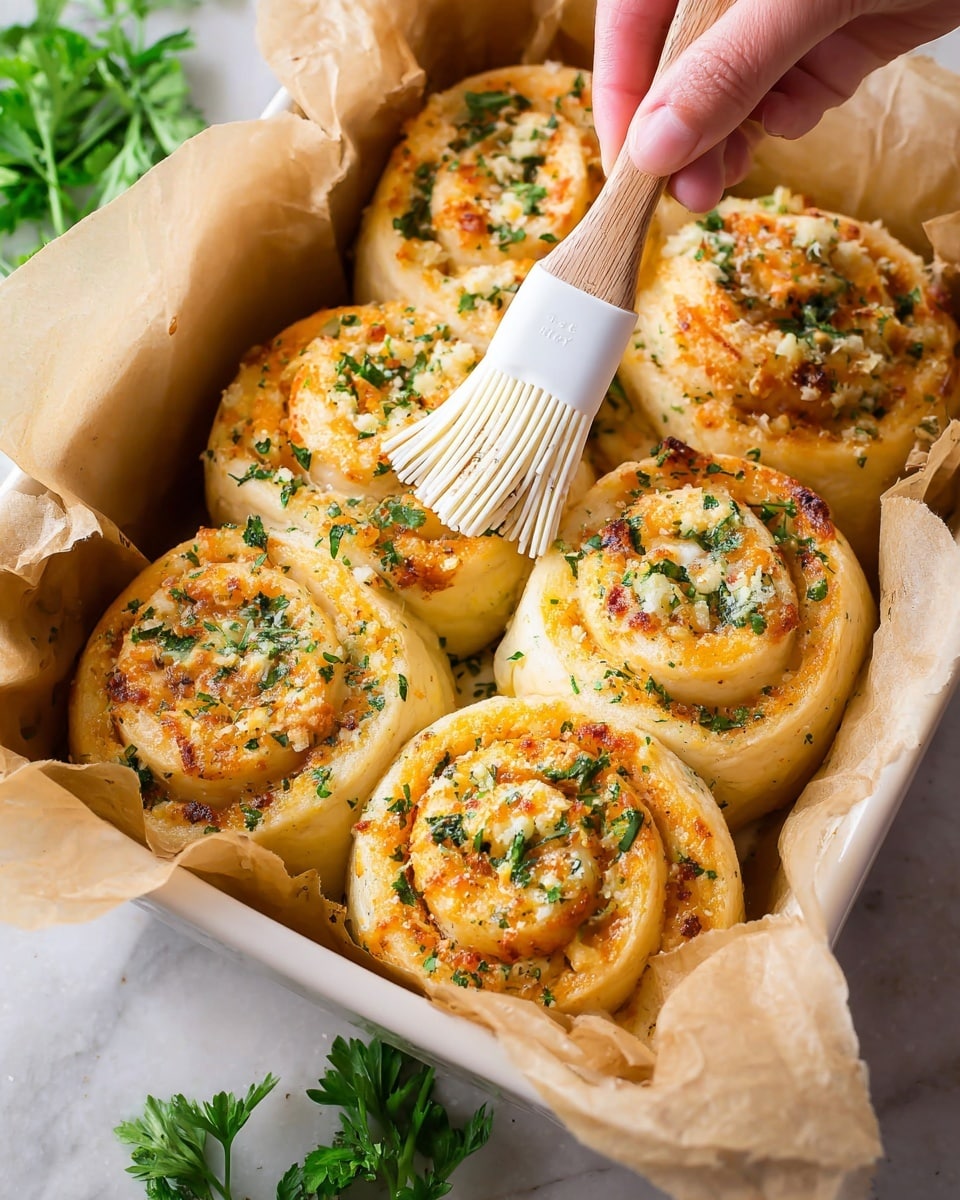 A close-up view of soft, golden-yellow garlic rolls showing one main roll in the center made of two visible dough layers, the outside layer smooth and slightly browned, while the inside swirl reveals a mix of green chopped parsley, finely minced white garlic, and melted cheese with light brown spots scattered, topped with more grated cheese and herbs. The rolls are touching each other against a white marbled surface. photo taken with an iphone --ar 4:5 --v 7