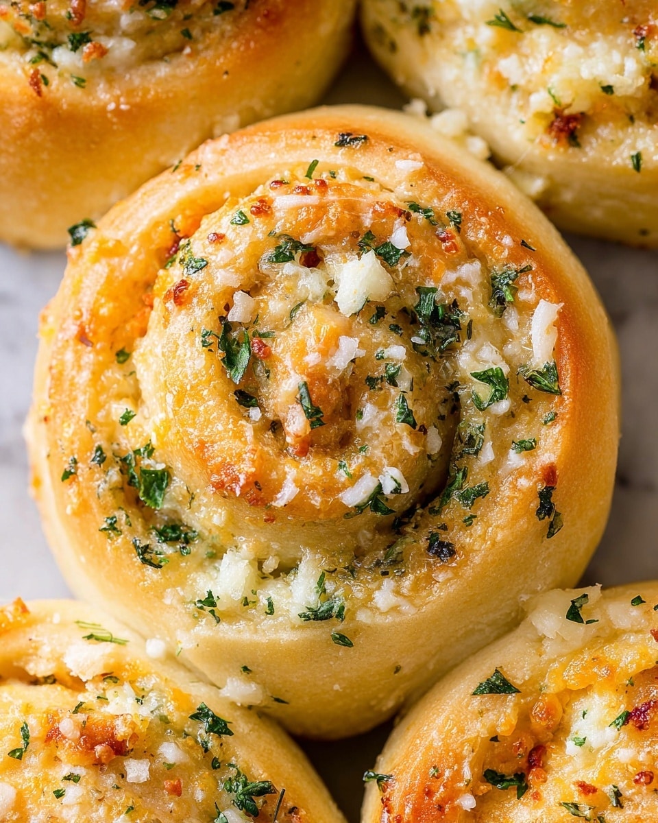 A close-up of seven garlic cheese rolls arranged closely in a white baking pan lined with brown parchment paper. Each roll has a thick dough base rolled into three visible layers, golden brown on the top layer with a sprinkling of finely chopped green herbs and grated cheese melting into the dough texture. A woman's hand is brushing the rolls gently with a white silicone brush that has a wooden handle, adding a glossy finish to the cheese and herb topping. Fresh green parsley leaves are scattered nearby on a white marbled surface. photo taken with an iphone --ar 4:5 --v 7