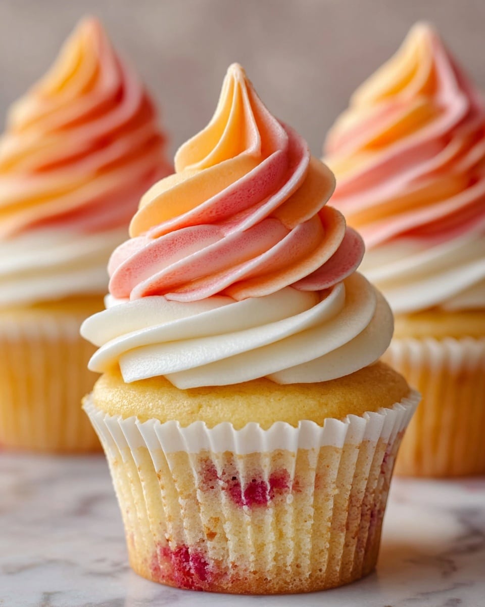 A close-up of a cupcake with three visible layers: the base is a moist yellow cake with small red berry spots inside, wrapped in a white paper liner; the middle layer is a thick swirl of creamy white frosting; the top layer is a smooth, soft swirl of peach-orange and light pink frosting, creating a pointed peak. Two similar cupcakes with the same layered frosting stand blurred in the background on a white marbled surface. photo taken with an iphone --ar 4:5 --v 7