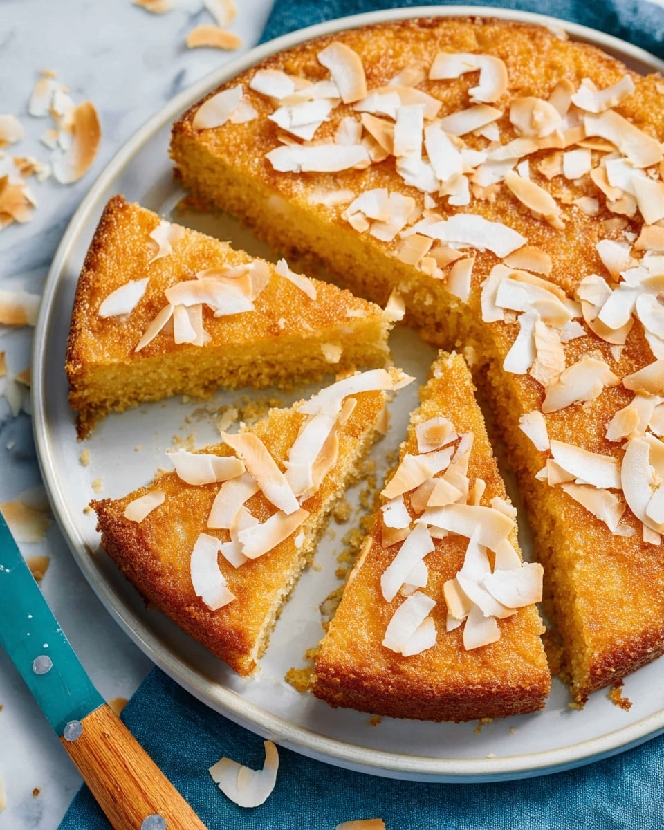 A close-up of a round golden-brown cake cut into slices, each slice topped with white and light beige toasted coconut flakes scattered unevenly. The cake appears soft and moist with a slightly crumbly texture, resting on a white plate. The plate is placed on a white marbled surface with some coconut flakes scattered around. To the side, there is a knife handle with a wooden and teal grip partially visible, lying on a blue cloth. Photo taken with an iphone --ar 4:5 --v 7