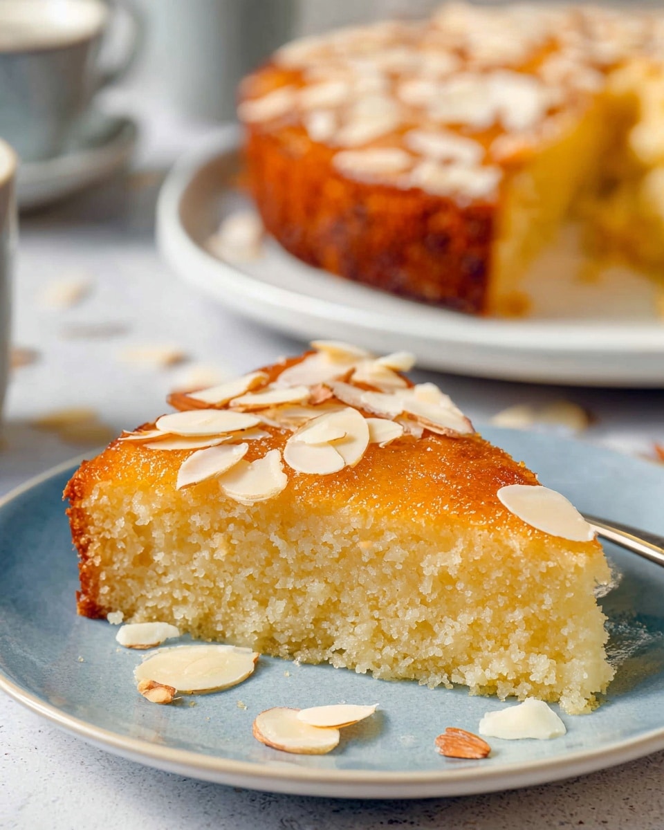 A close-up of a golden brown cake slice with a soft, moist texture, showing a single thick layer that is slightly crumbly on the inside, topped with thin, white almond slices scattered unevenly across the surface; the slice is placed on a white plate with a light blue rim that also has a few almond slices around it, all set on a white marbled textured surface with a blurred second plate and a cup in the background. photo taken with an iphone --ar 4:5 --v 7