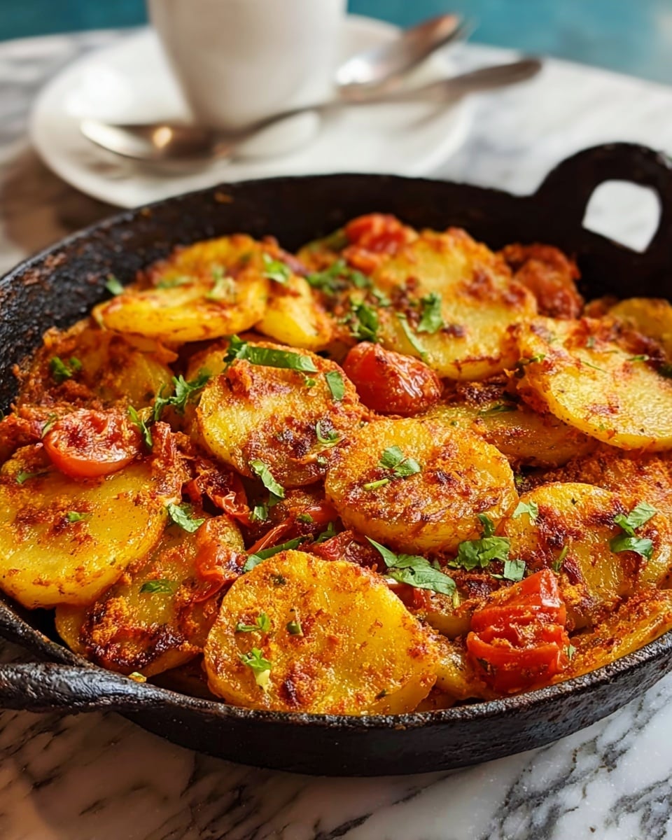 The image shows a round black iron pan filled with a dish made of golden-yellow potato slices, coated in a reddish-orange spice mix. Scattered among the potatoes are small pieces of bright red tomato and bits of fresh green herbs. The potatoes have a slightly crispy texture on the edges, and the herbs add a fresh look on top. The pan sits on a surface with a white marbled texture, and there is a white cup with a spoon behind it. Photo taken with an iphone --ar 4:5 --v 7