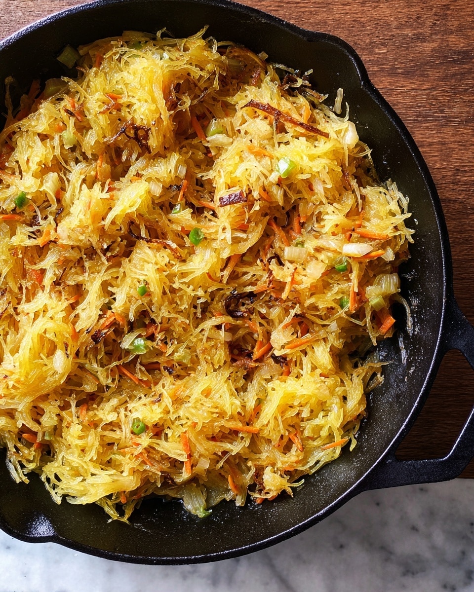 A close-up view of cooked spaghetti squash in a black cast iron pan, showing a single layer of thin, yellowish-orange squash strands mixed with small pieces of translucent caramelized onions, light green celery, and thin orange carrot strips. The texture looks soft with some browned, crispy bits scattered throughout. The pan is placed on a white marbled surface visible at the edge. photo taken with an iphone --ar 4:5 --v 7