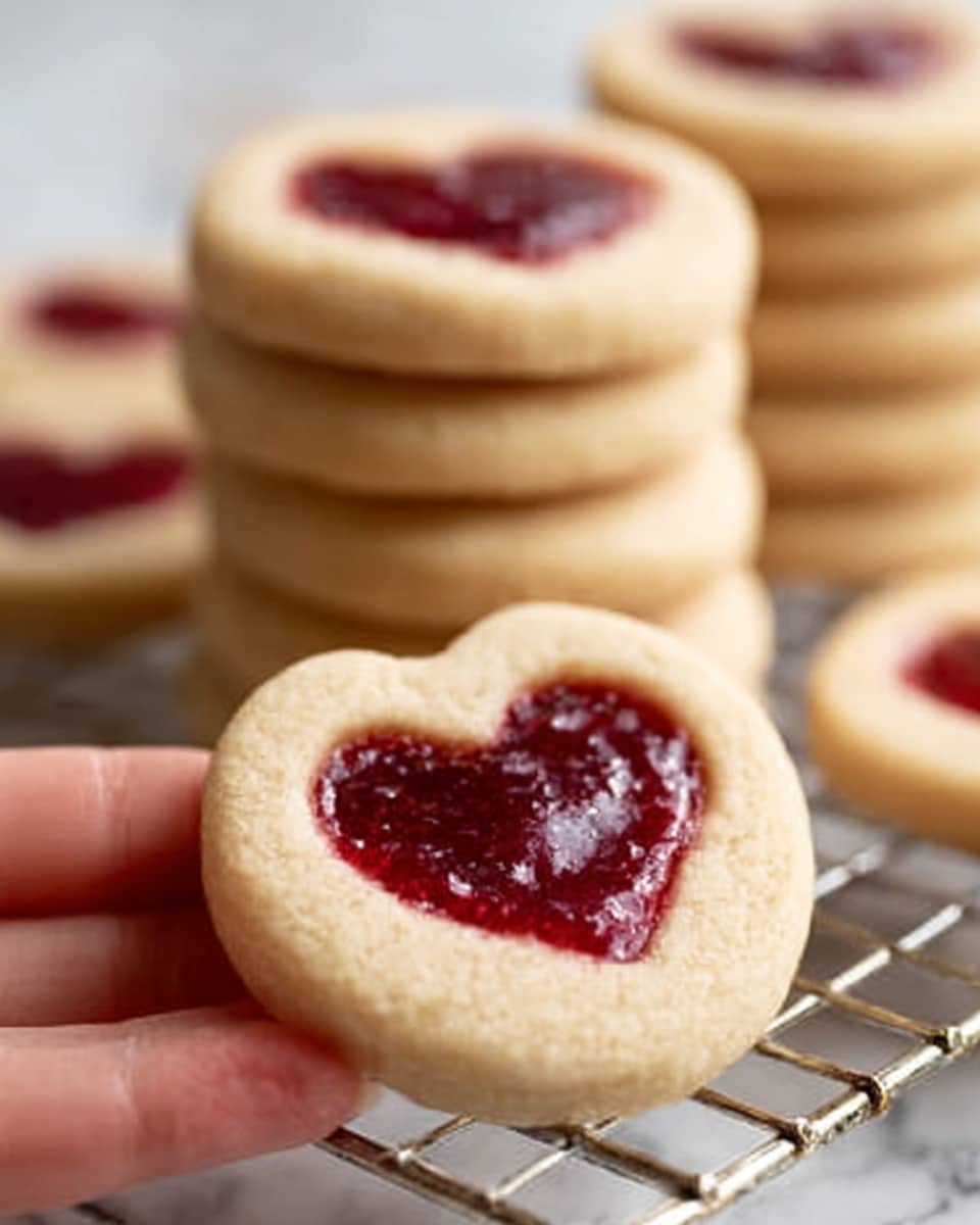 A close-up image shows a stack of round cookies on a wire rack, all having a smooth pale beige dough base with a glossy, deep red jam heart shape in the center. The cookies are slightly thick, about two layers: the bottom dough layer and the smooth red jam filling in the heart shape on top. The background surface is white marbled, with soft natural lighting creating light shadows under the stack. The focus is sharp on the single cookie in front, held by a woman's hand, capturing the texture of the soft dough and shiny jam. Photo taken with an iphone --ar 4:5 --v 7