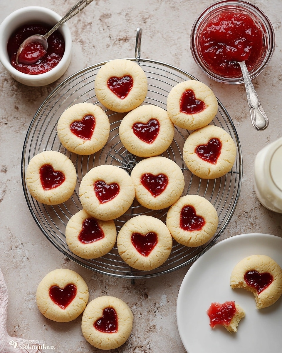 The image shows a collection of round cookies with light golden dough and a heart-shaped red jam center, arranged on a round metal cooling rack placed on a white marbled surface. The cookies have a soft and slightly puffy texture with glossy jam filling that shines under the light. There are about three cookies on a white plate at the bottom right, and one cookie near the plate is bitten, revealing a soft inside with jam. A small white bowl filled with red jam and a spoon rests on the top left, and a metal spoon with jam is nearby on the marbled surface. A glass of milk is partially visible on the right side. The scene looks cozy and inviting. photo taken with an iphone --ar 4:5 --v 7