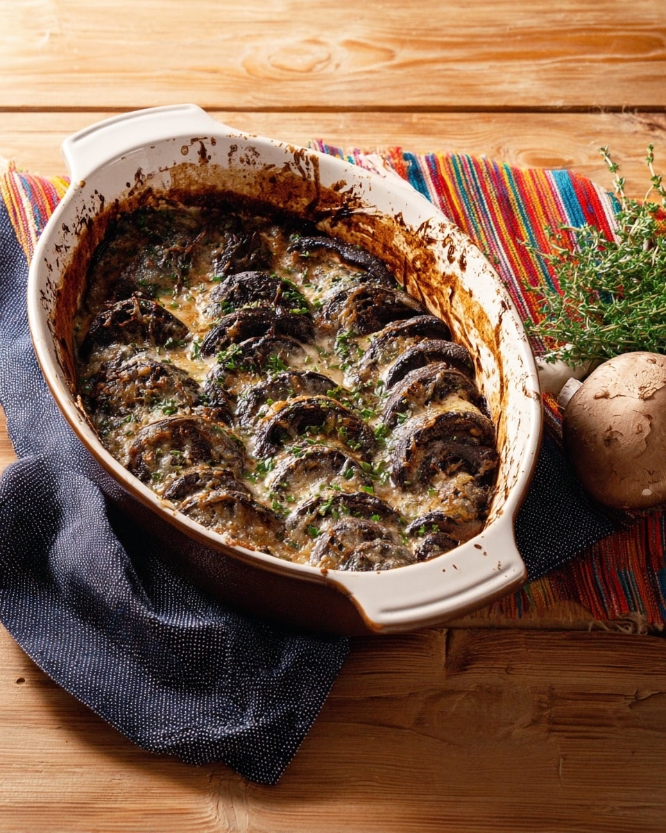 The dish shows thin slices of dark brown mushrooms, layered closely and slightly overlapping, arranged neatly inside a white oval ceramic baking dish with browned edges and some baked-on residue. The top layer of mushrooms has a melted, golden-brown cheese crust with specks of fresh green herbs scattered on it, giving a textured and bubbly appearance. The baking dish sits on a dark cloth placed on a wooden surface, with a large whole mushroom and fresh herb sprigs next to it on a colorful striped cloth. The light is warm and highlights the baked texture of the mushrooms and cheese. photo taken with an iphone --ar 4:5 --v 7