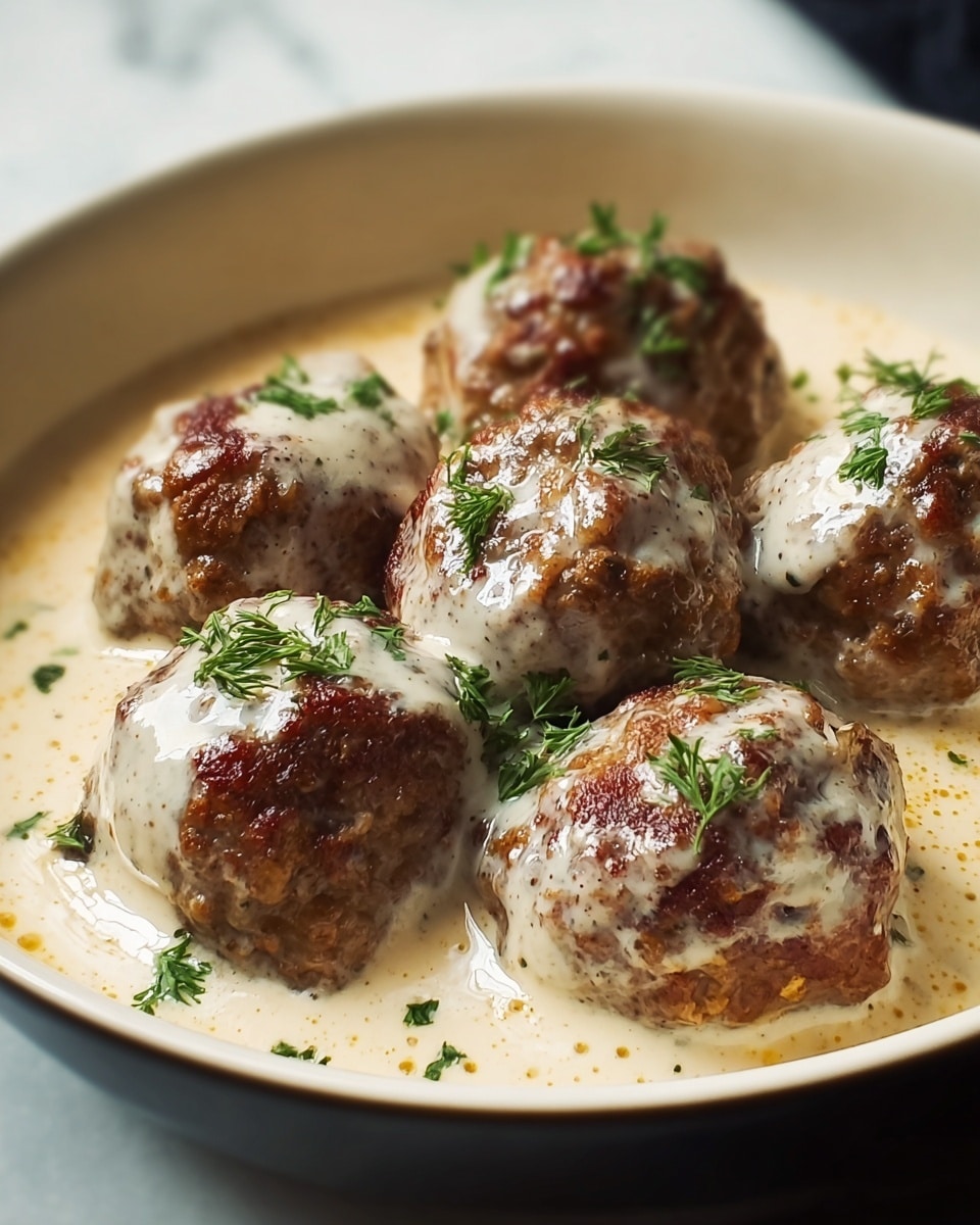 The image shows six browned meatballs with a slightly rough texture, covered partially with a creamy white sauce that pools around them, creating a smooth, shiny layer at the bottom of a white bowl. Small green herb pieces are sprinkled on top of the meatballs and sauce, adding a fresh accent of color. The background features a white marbled texture. Photo taken with an iphone --ar 4:5 --v 7